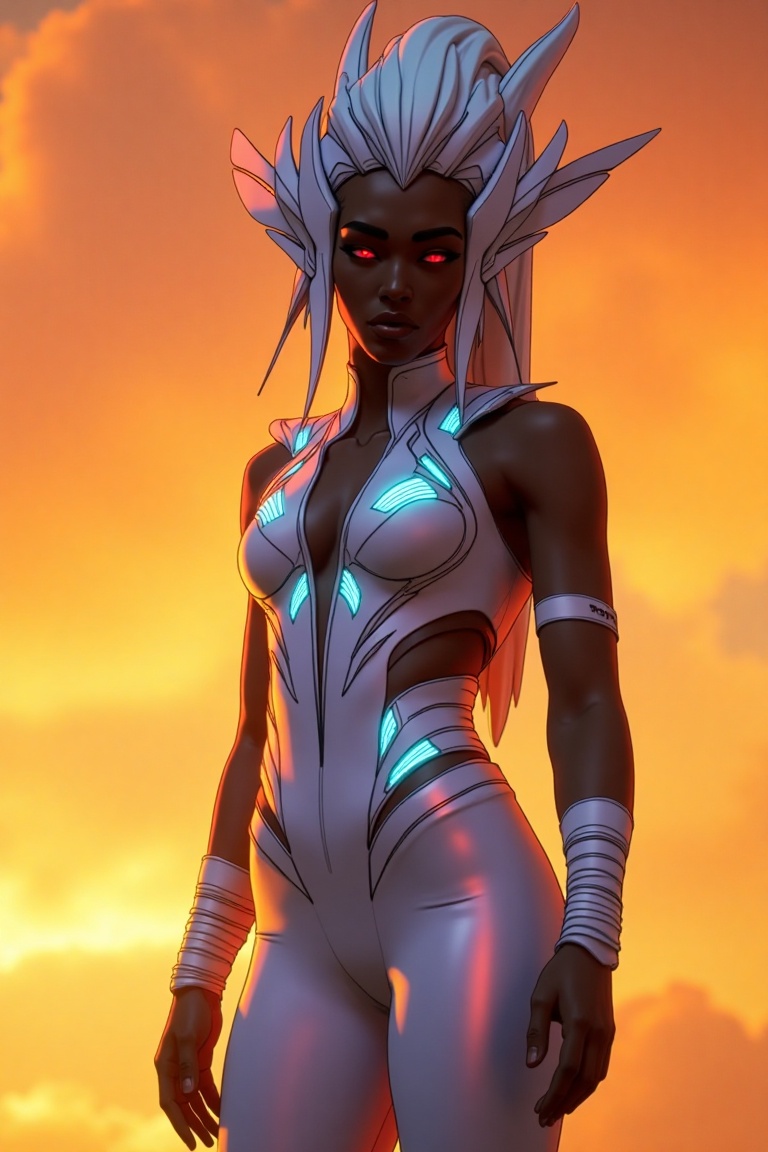 Thunder Goddess stands majestically in a stark white suit,  embellished with vibrant blue and red accents. Her headpiece f...