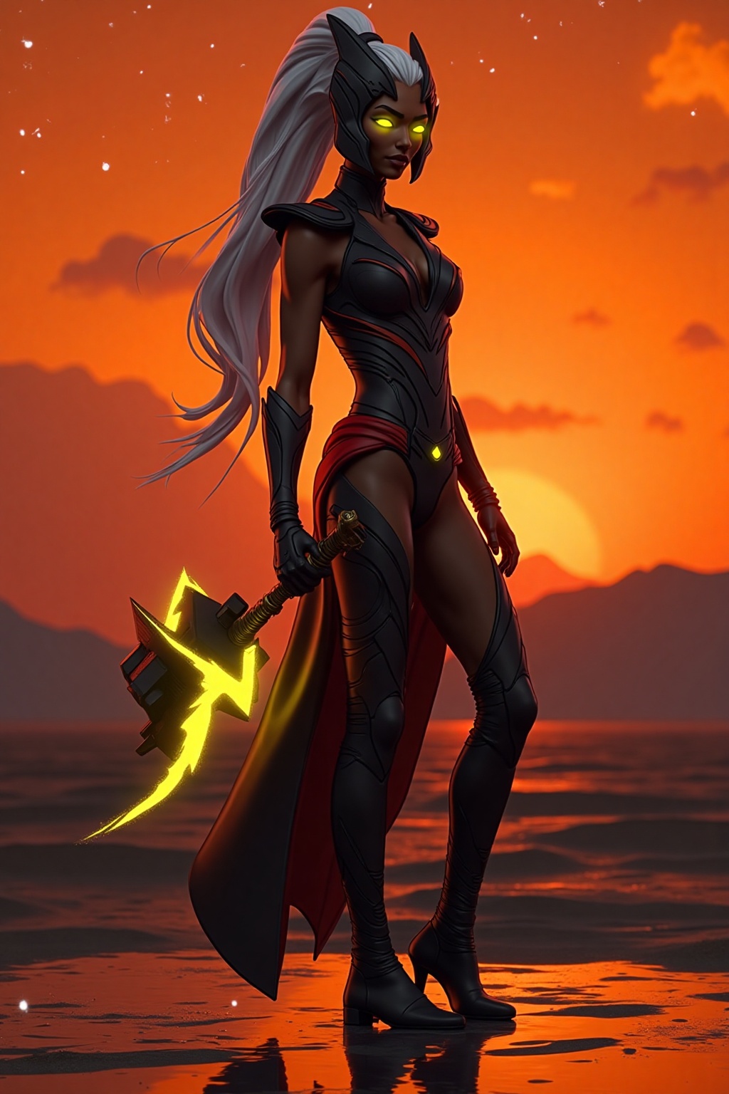 The woman is holding thunder big hammer,  electric park from hammer,  thunder lighting all over the body on Tensor.Art