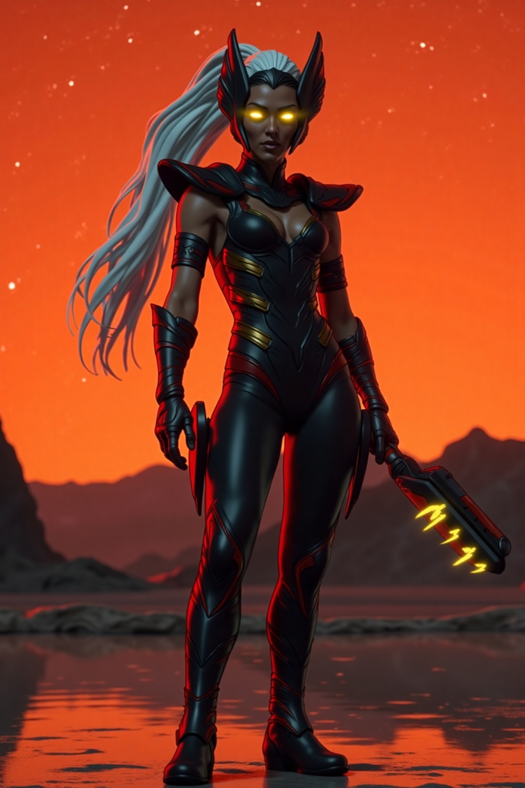 A cinematic and photorealistic portrayal of a powerful Thunder Goddess dressed in a striking black,  red,  and white costu...