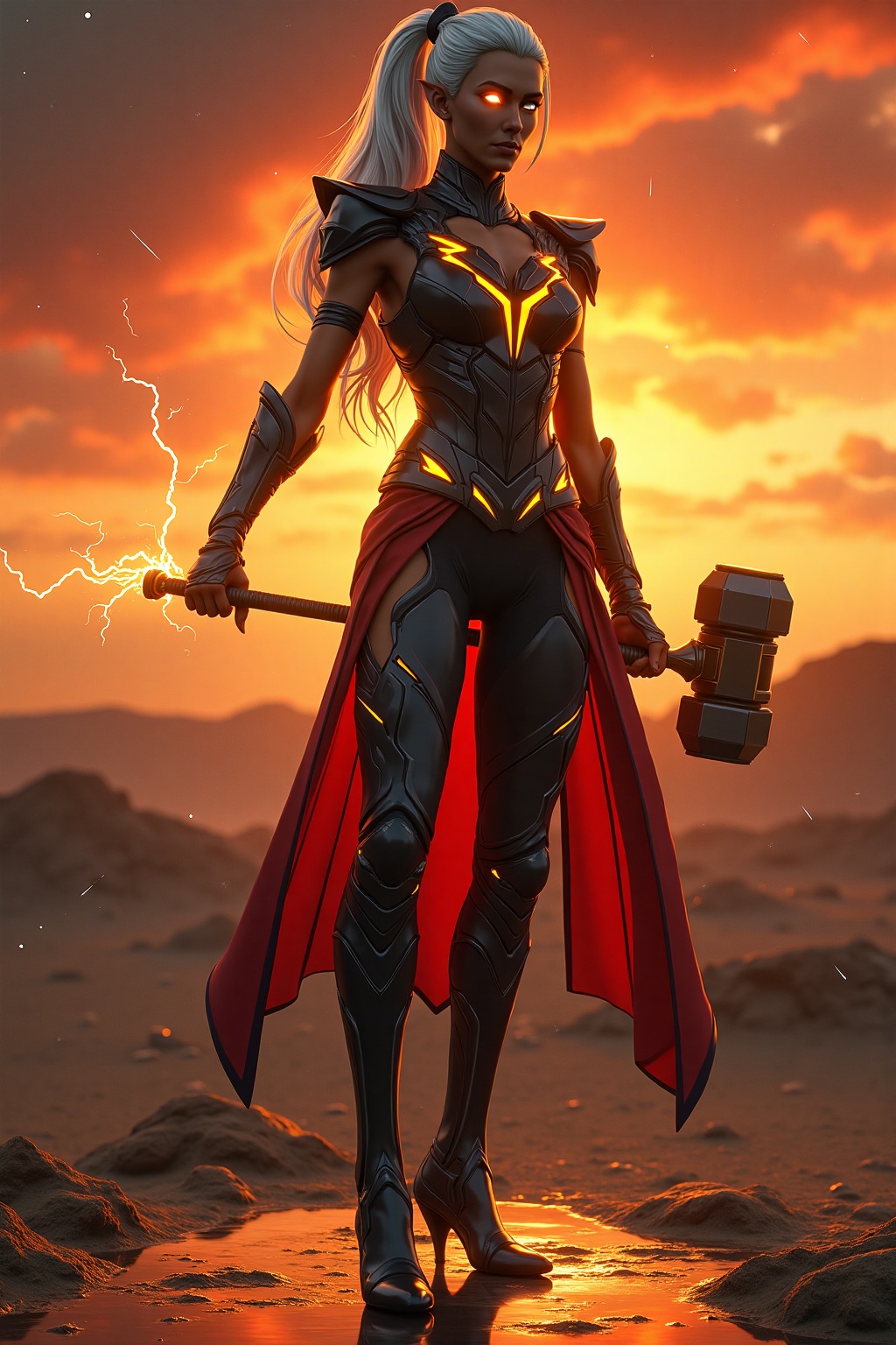 The woman is holding thunder big hammer,  electric park from hammer,  thunder lighting all over the body on Tensor.Art