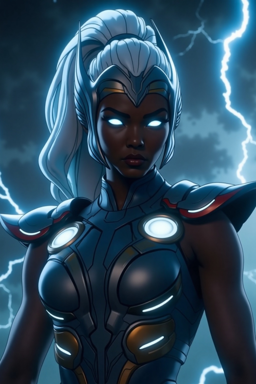 A breathtaking cinematic action shot of a powerful Thunder Goddess,  reminiscent of a female Thor. She is depicted in a dy...
