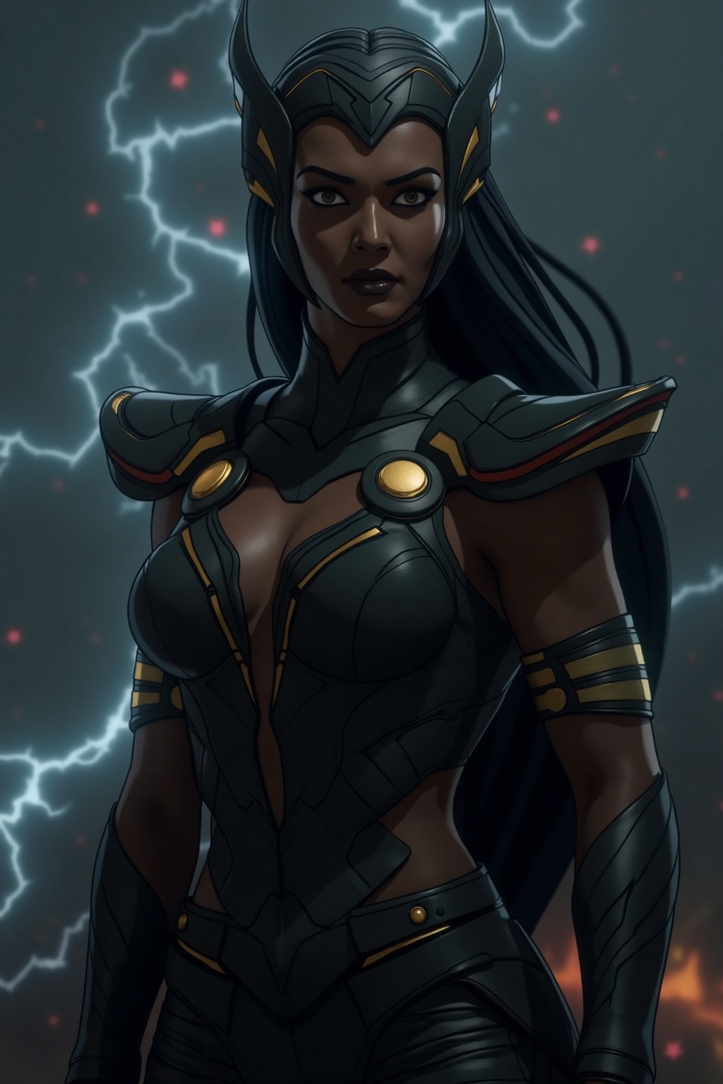 The Indian goddess of storm and lightning in a black outfit on Tensor.Art