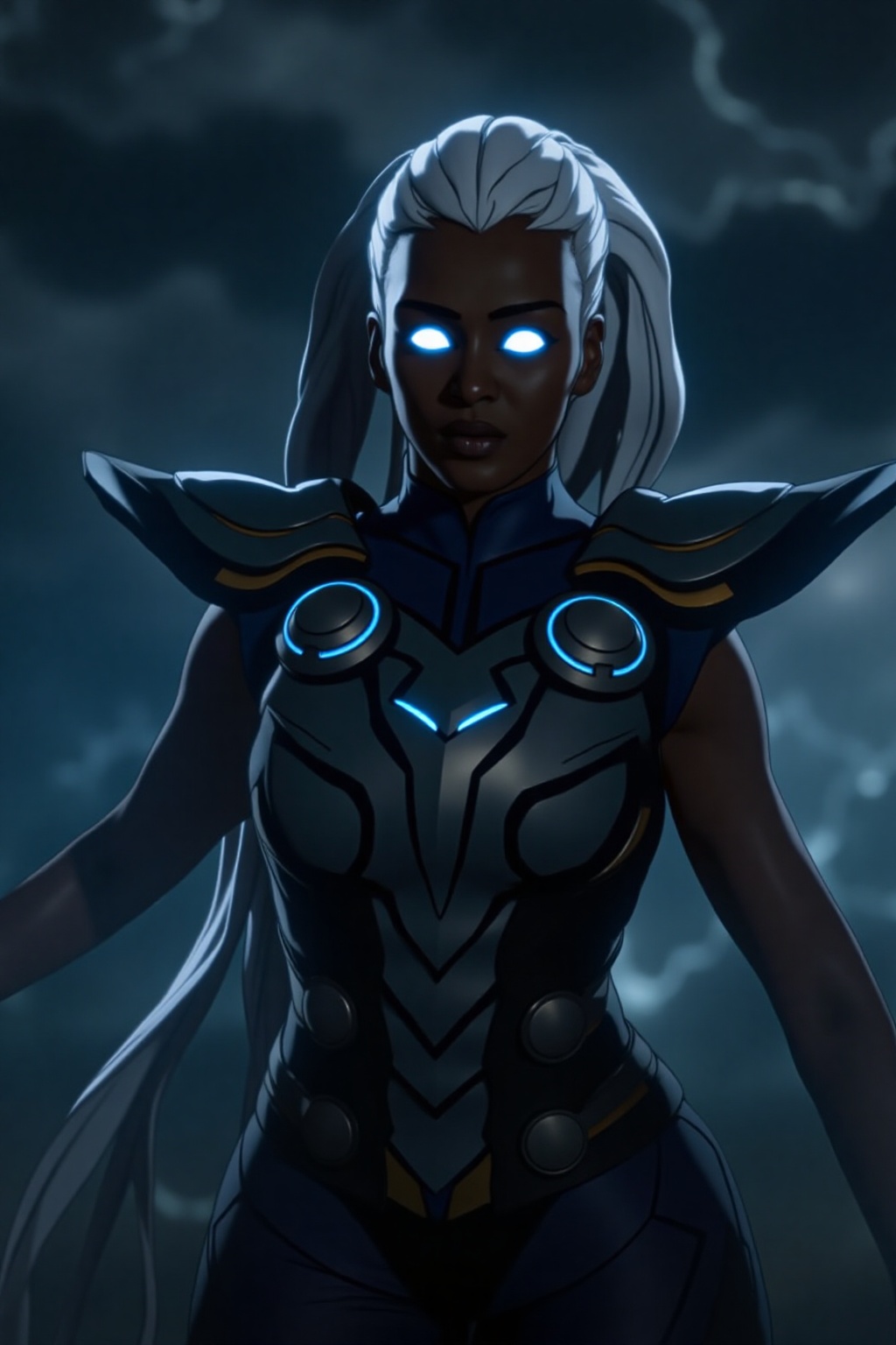 A breathtaking cinematic action shot of a powerful Thunder Goddess,  reminiscent of a female Thor. She is depicted in a dy...