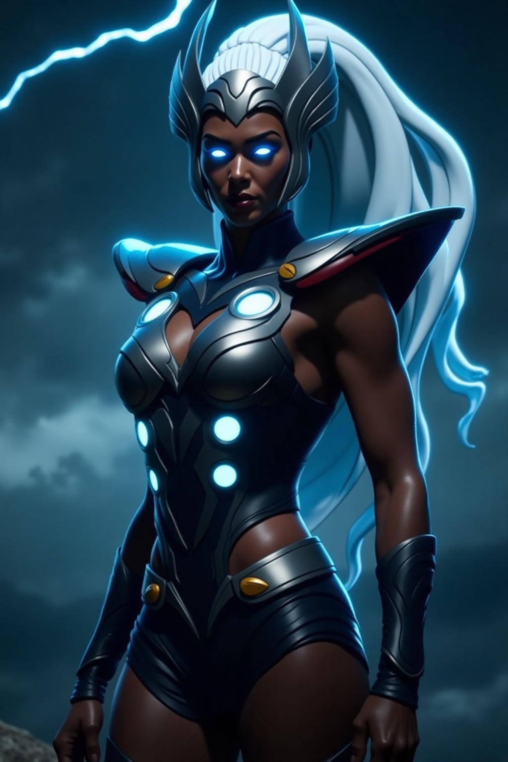 A breathtaking cinematic action shot of a powerful Thunder Goddess,  reminiscent of a female Thor. Midriff exposed,  cleav...