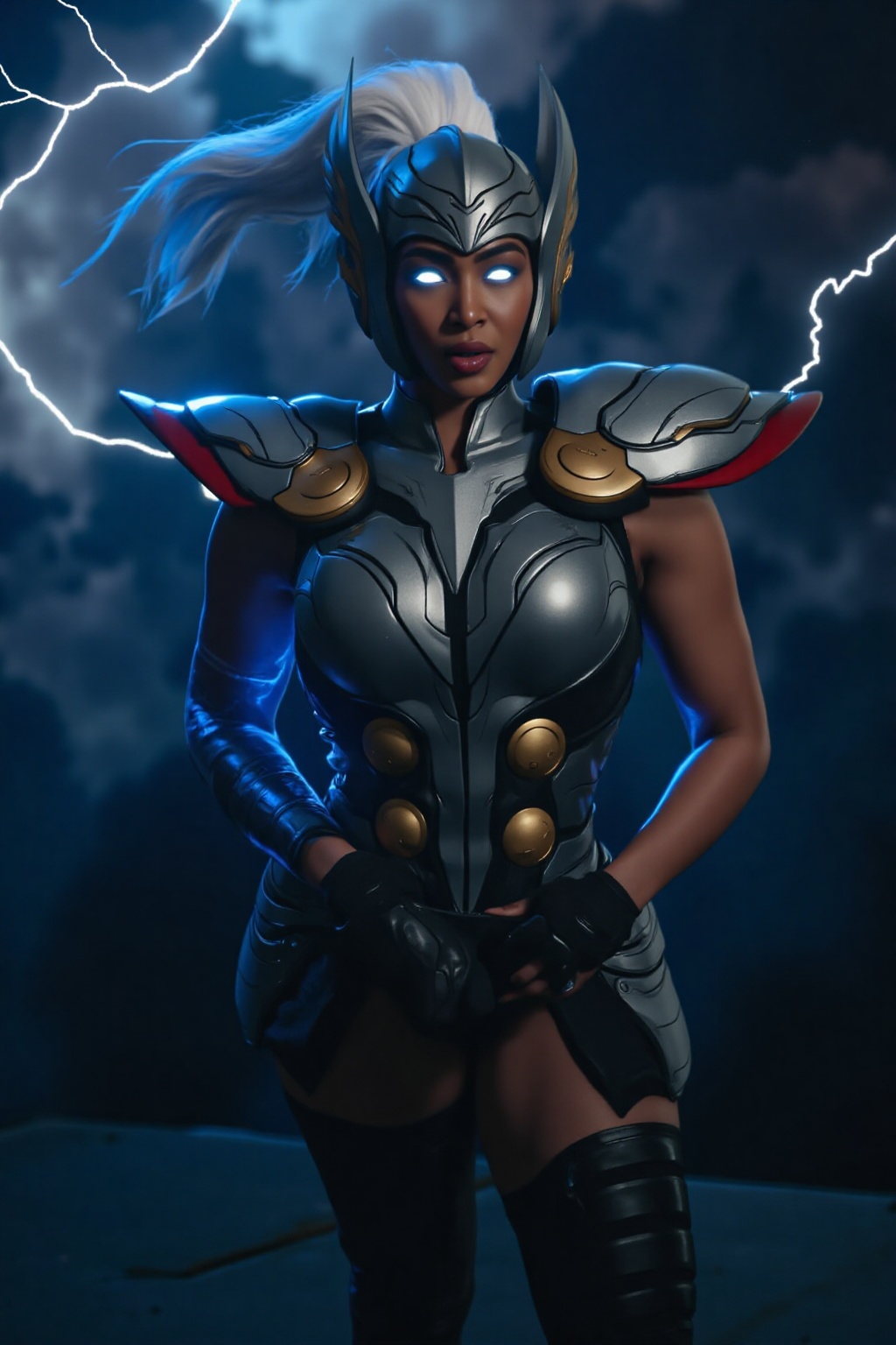 A breathtaking cinematic action shot of a powerful Thunder Goddess,  reminiscent of a female Thor. She is depicted in a dy...