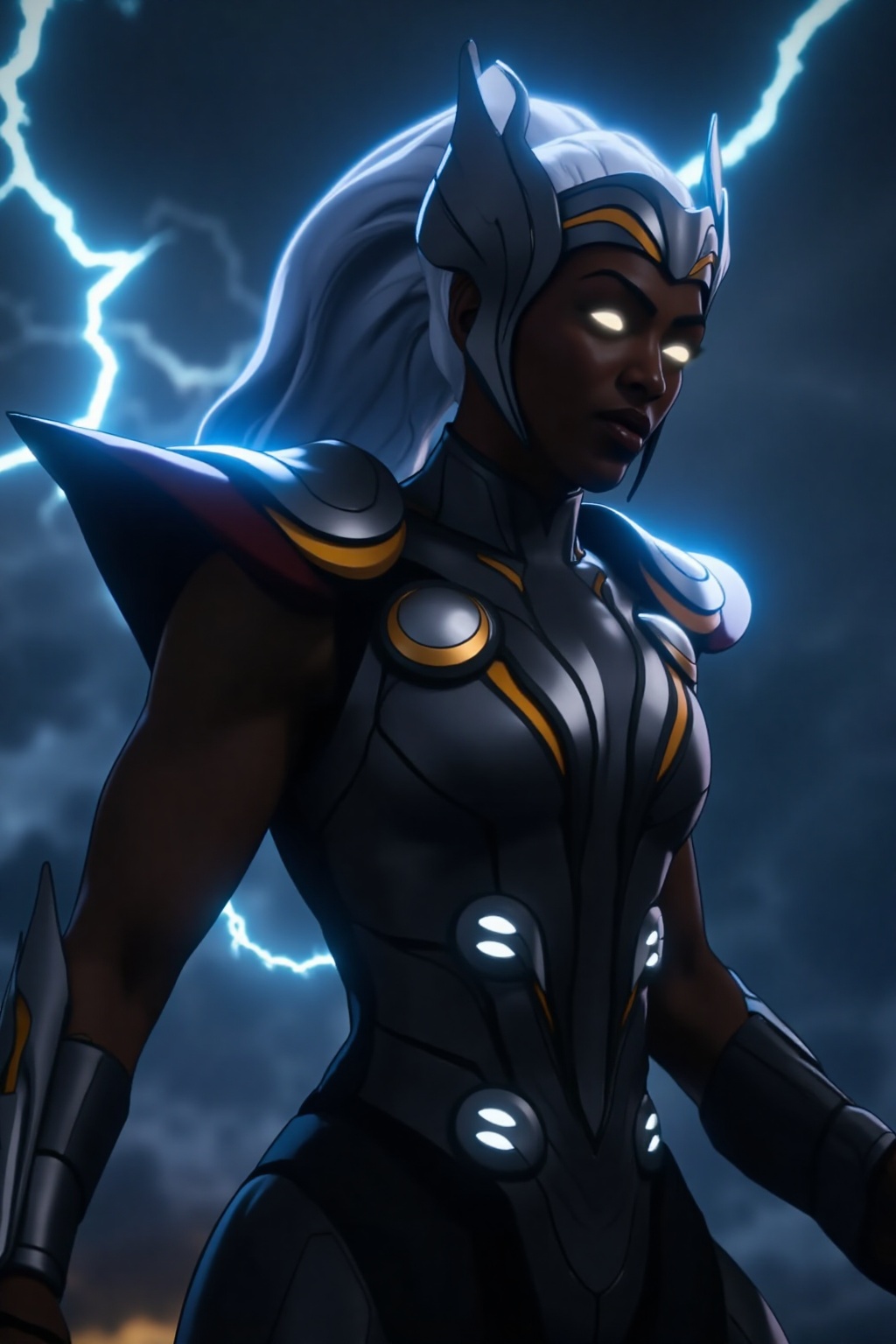 A breathtaking cinematic action shot of a powerful Thunder Goddess,  reminiscent of a female Thor. She is depicted in a dy...