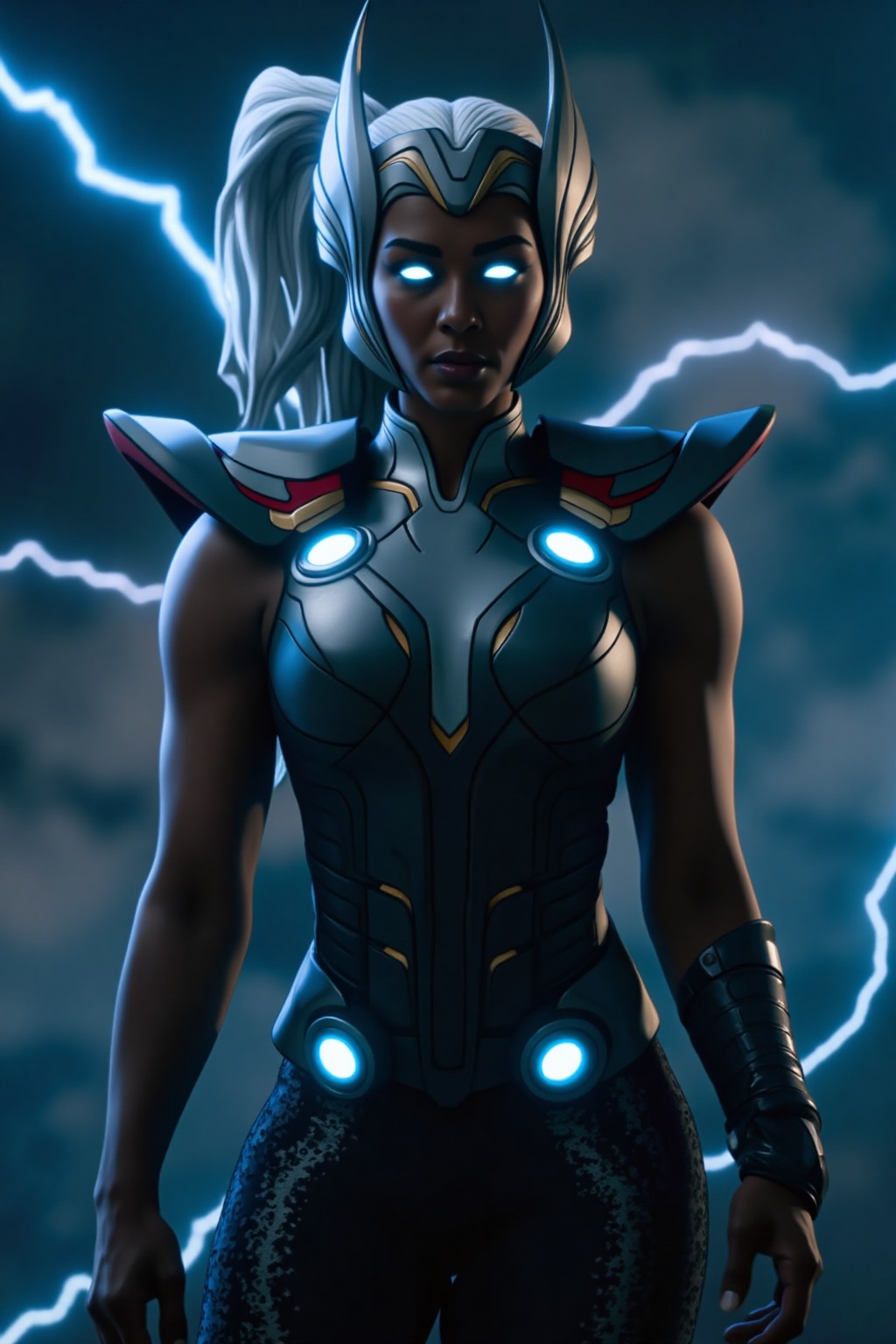 A breathtaking cinematic action shot of a powerful Thunder Goddess,  reminiscent of a female Thor. She is depicted in a dy...