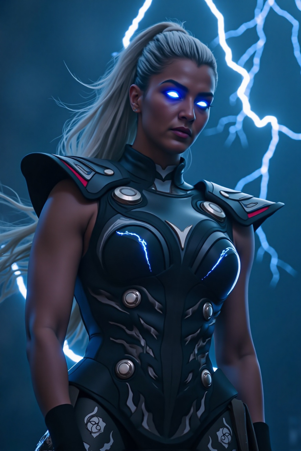 A breathtaking cinematic action shot of a powerful Thunder Goddess,  reminiscent of a female Thor. She is depicted in a dy...