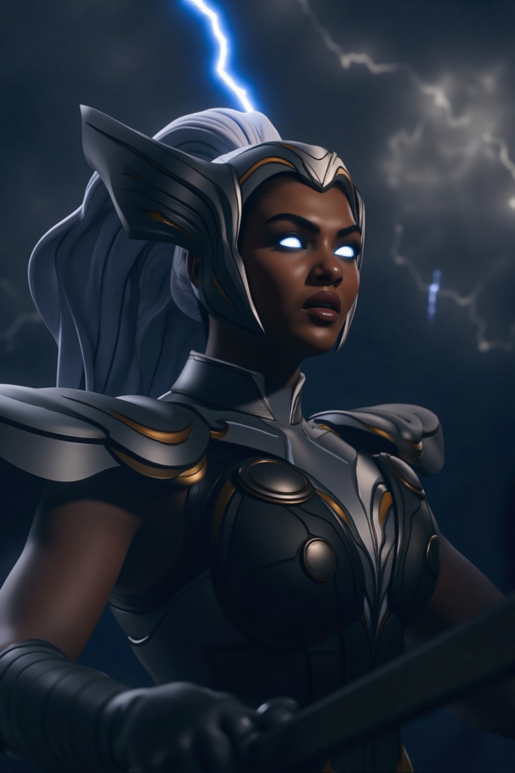 A breathtaking cinematic action shot of a powerful Thunder Goddess,  reminiscent of a female Thor. She is depicted in a dy...