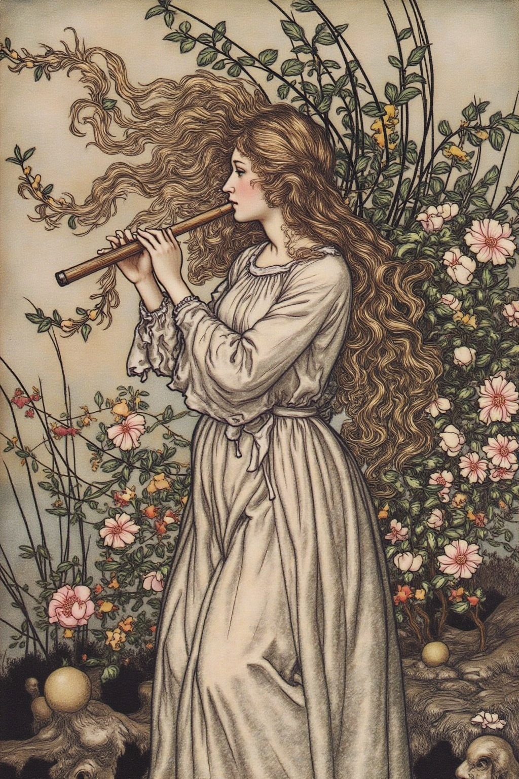 artrack1 illustration. The scene depicts a fantastical,  dreamlike scene. In the foreground,  a woman with long on Tensor.Art