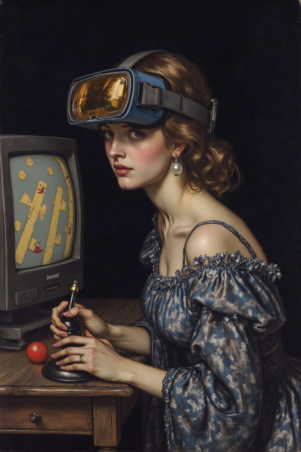 artrack1 illustration of a young woman turned slightly toward the viewer,  She wears a deep blue VR Headset with golden ye...