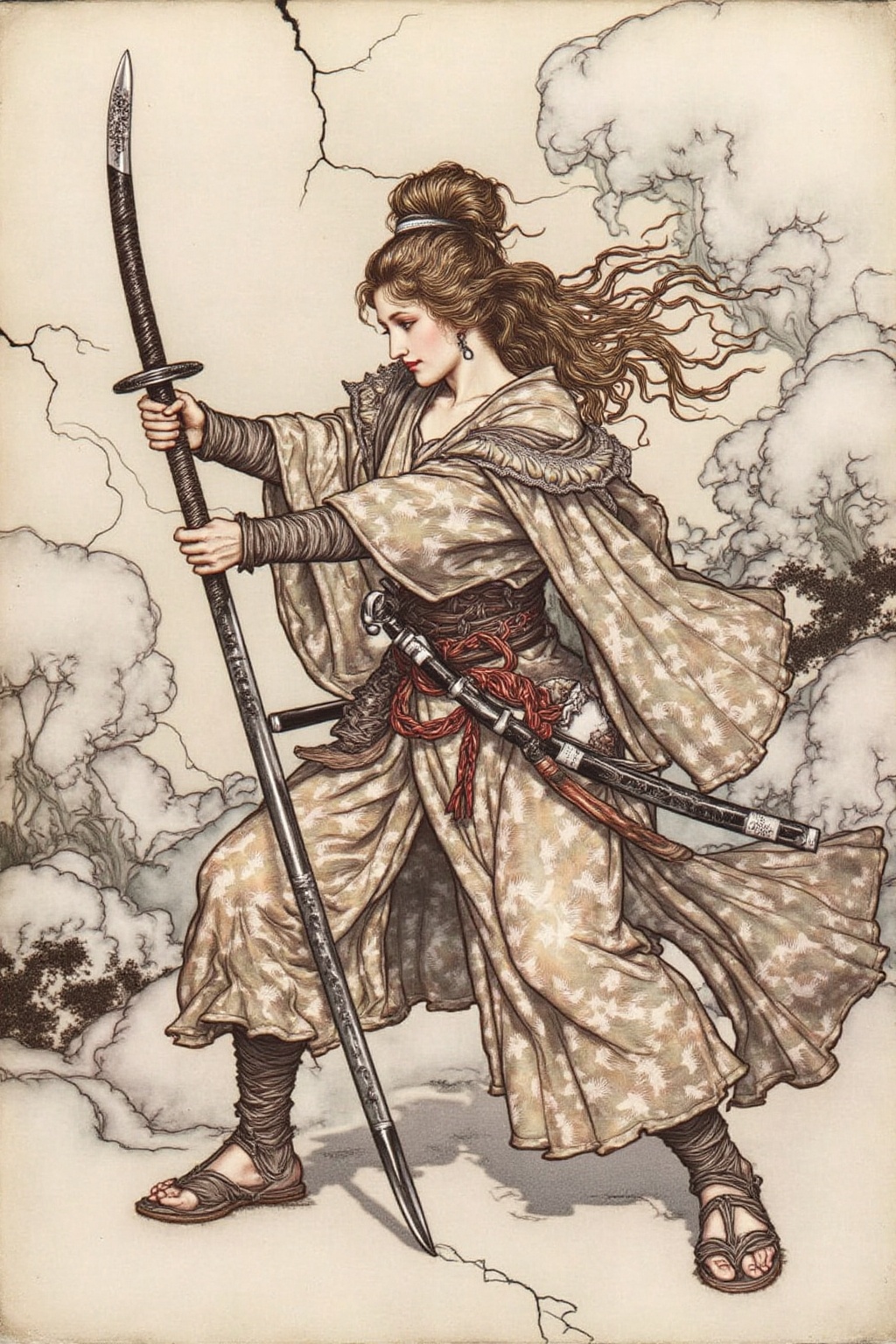 artrack1 illustration a female Japanese samurai warrior wielding a katana,  blending form with reality. Glitching the surr...