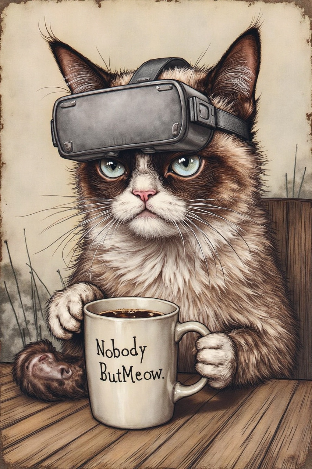 artrack1 illustration of Grumpy Cat holidng a coffee mug,  wearing a VR Headset. The mug has the phrase "NobodyButMeow" pr...