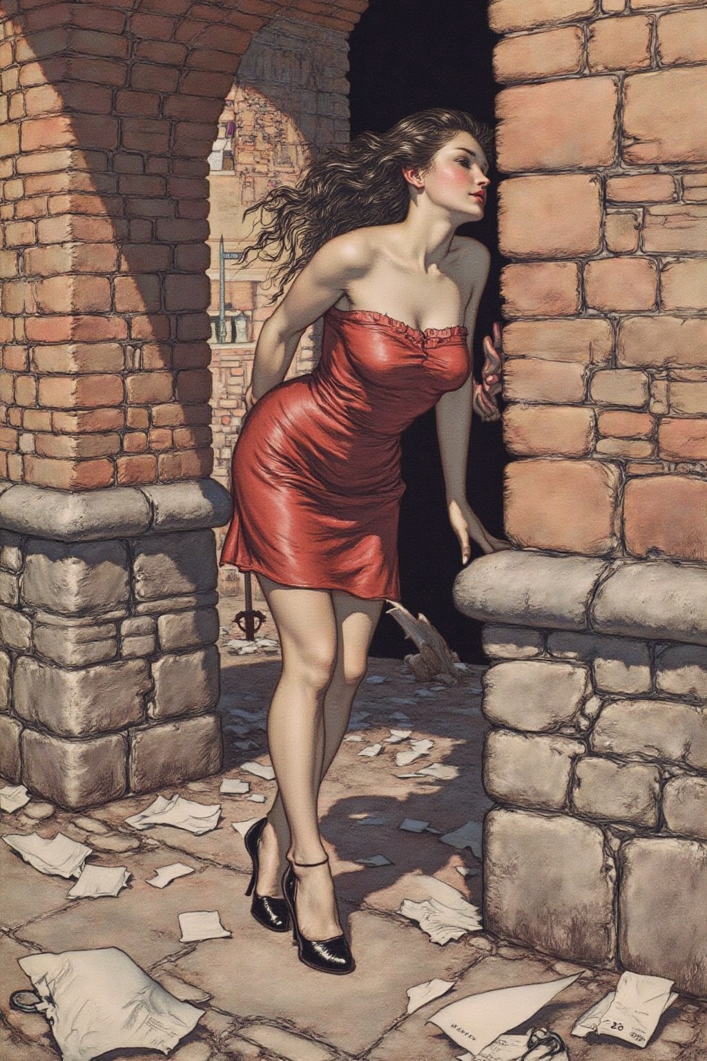 artrack1 illustration of a woman leaning against a brick wall,  set in an urban environment. She has long black hair flowi...