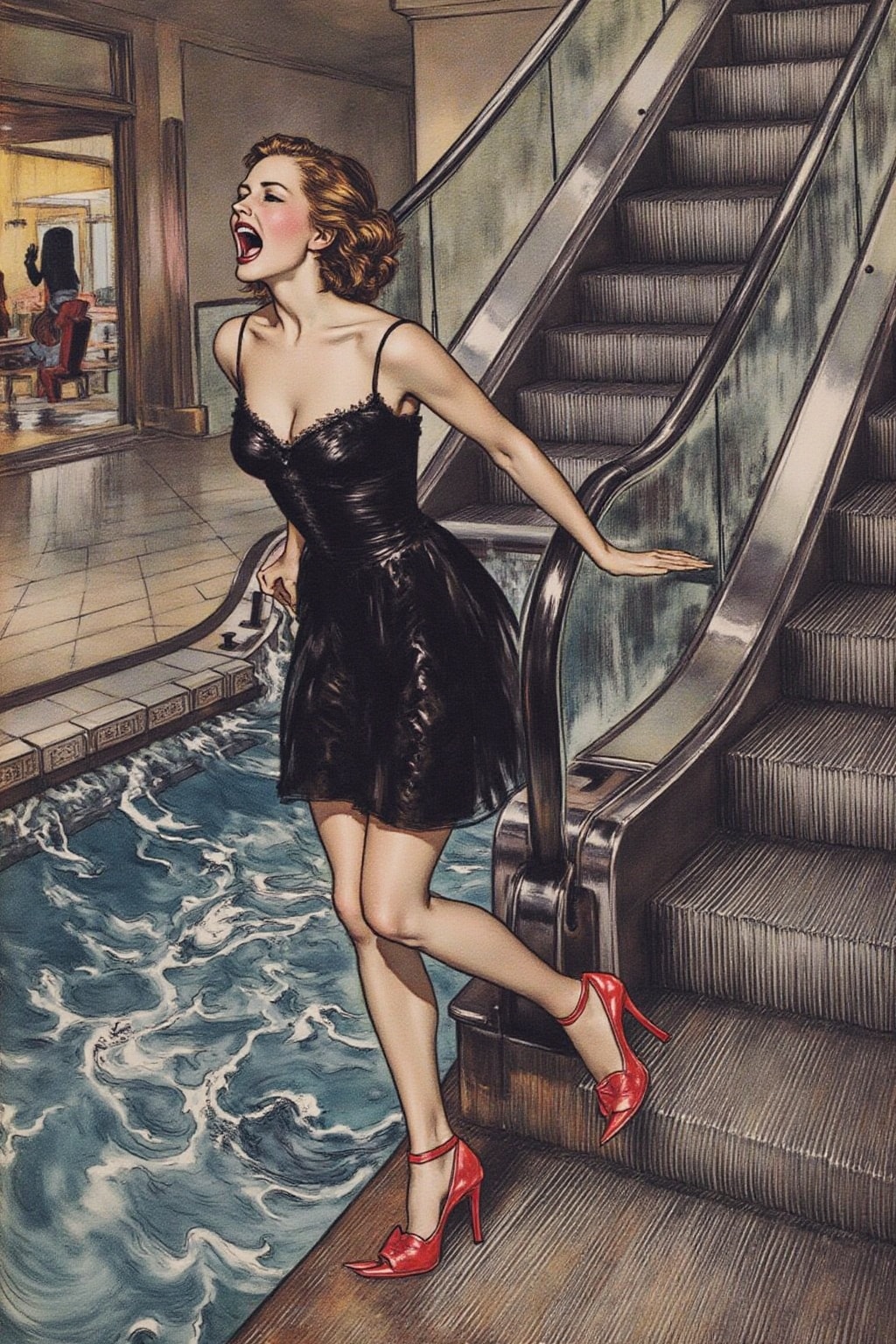 artrack1 illustration a woman in a chic little black dress and vibrant red high heels,  gracefully descending an escalator...