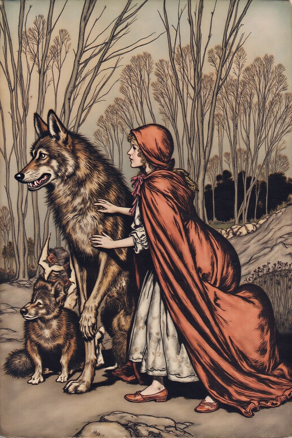 artrack1 illustration Little Red Ridding Hood walkign along side the Big Bad Wolf. on Tensor.Art