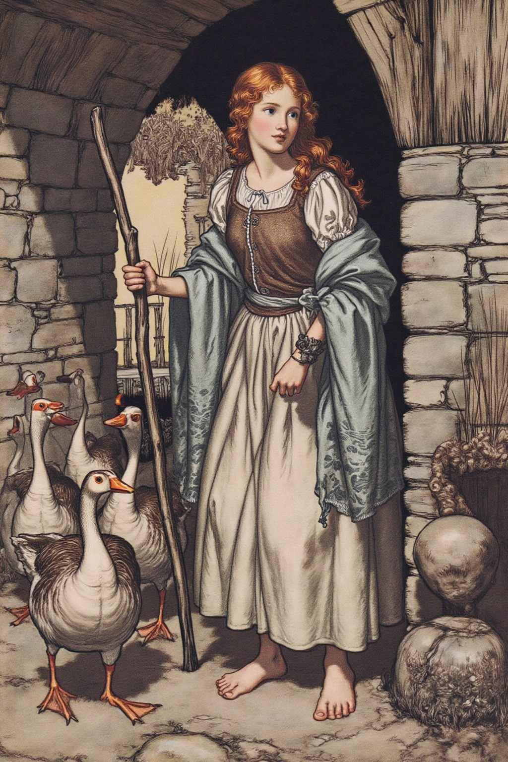 artrack1 illustration. The scene depicts a young girl standing in a rustic,  medieval setting. The girl,  with long on Ten...