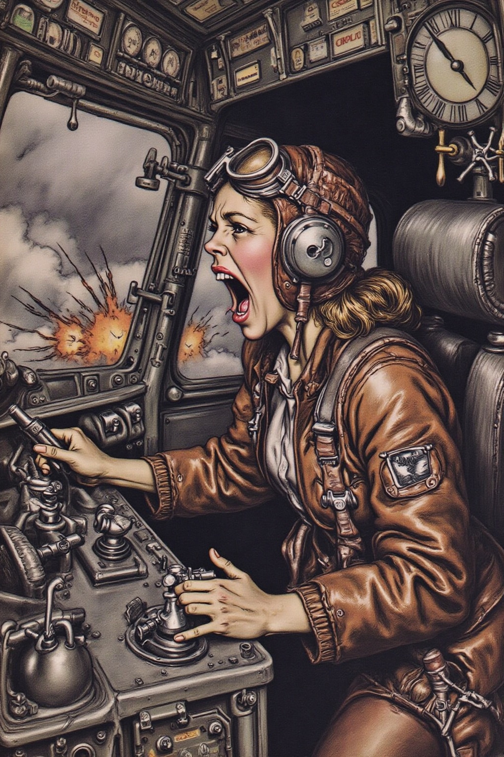 artrack1 illustration A female pilot screaming inside the cockpit of a World War II bomber. The pilot,  wearing a vintage...