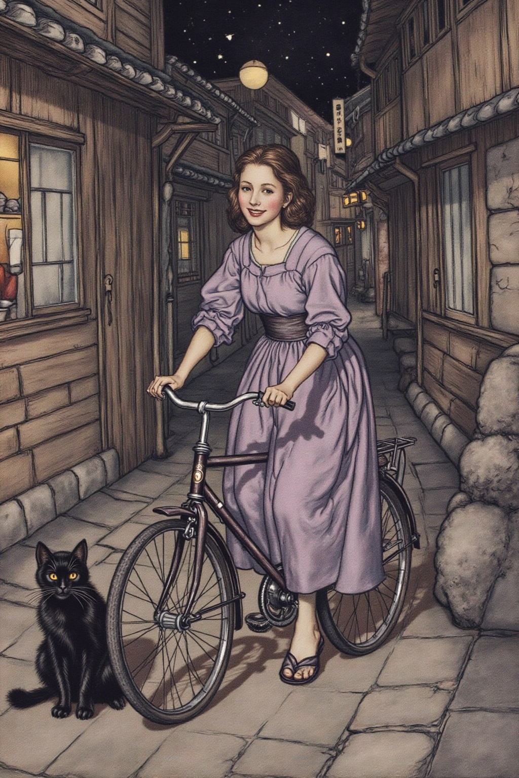 artrack1 illustration A Japanese school girl riding a old style bicycle through a narrow,  quiet street at night. The happ...