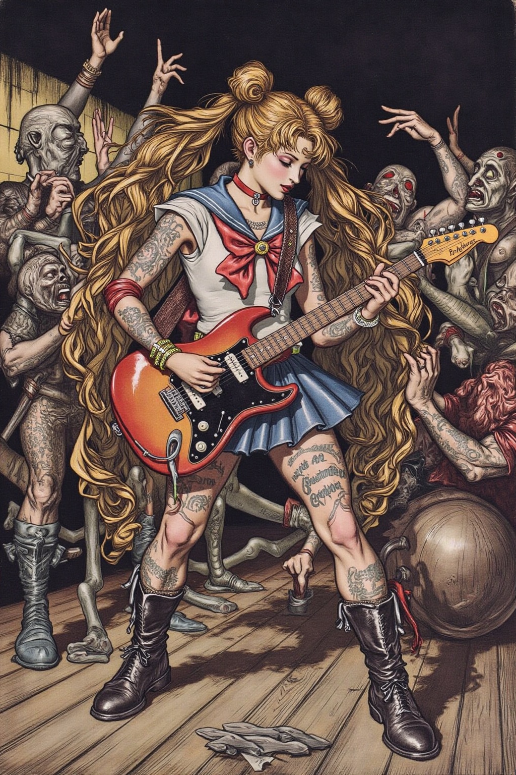 artrack1 illustration punk sailor moon playing a guitar at a heavy metal mosh pit,  tattoos,  pearcing. on Tensor.Art