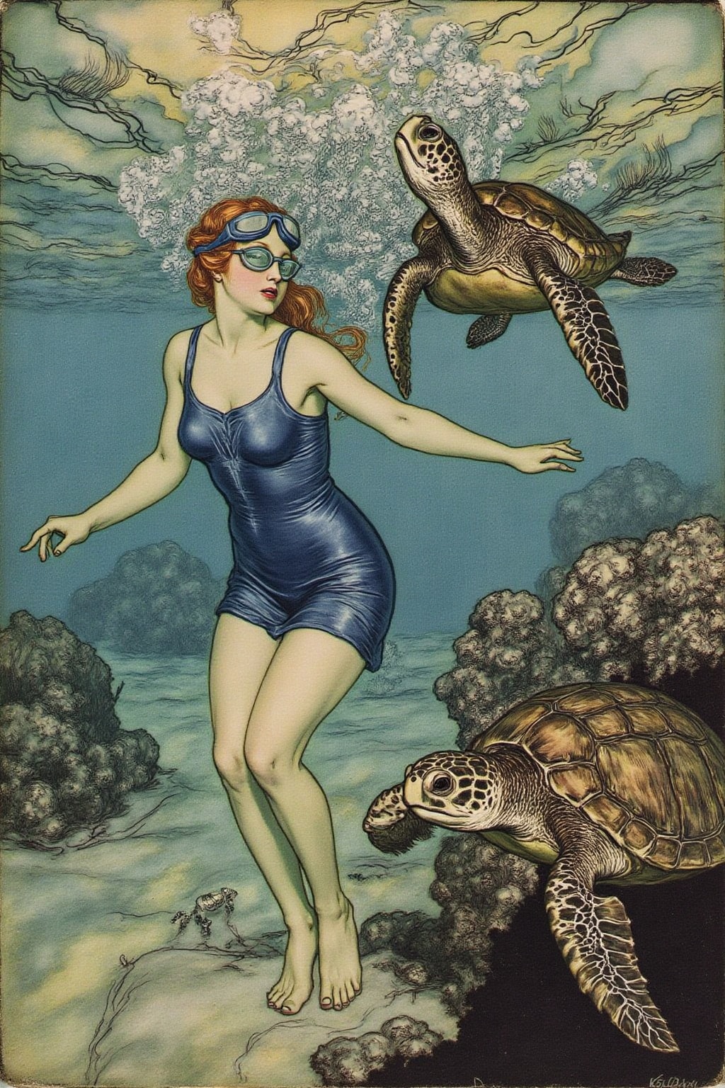 artrack1 illustration of a woman swimming underwater. The woman is wearing a blue one piece swimsuit,  and she is wearing...