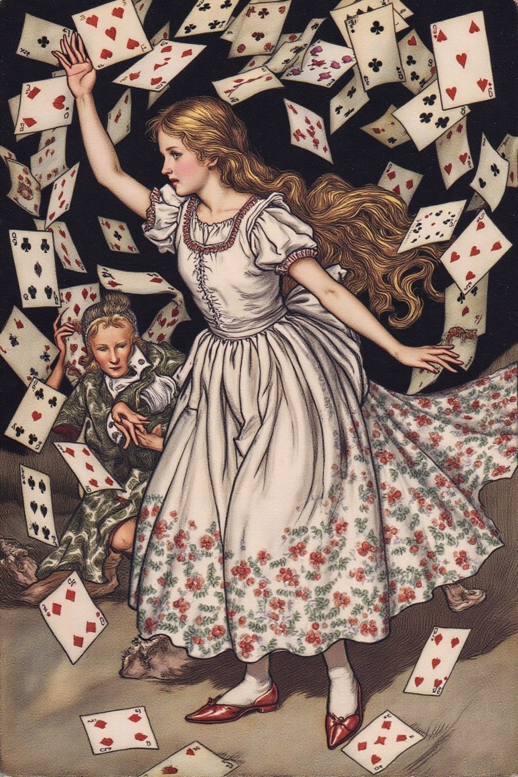 artrack1 illustration. A scene from "Alice's Adventures in Wonderland." The central figure is a young girl,  Alice,  with...