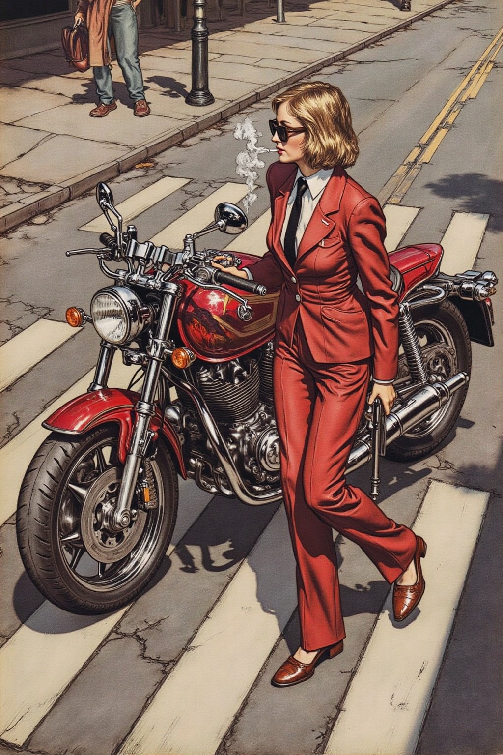 artrack1 illustration Overhead shot of an Blonde woman walking away from a futuristic motorcycle parked at a zebra crossin...