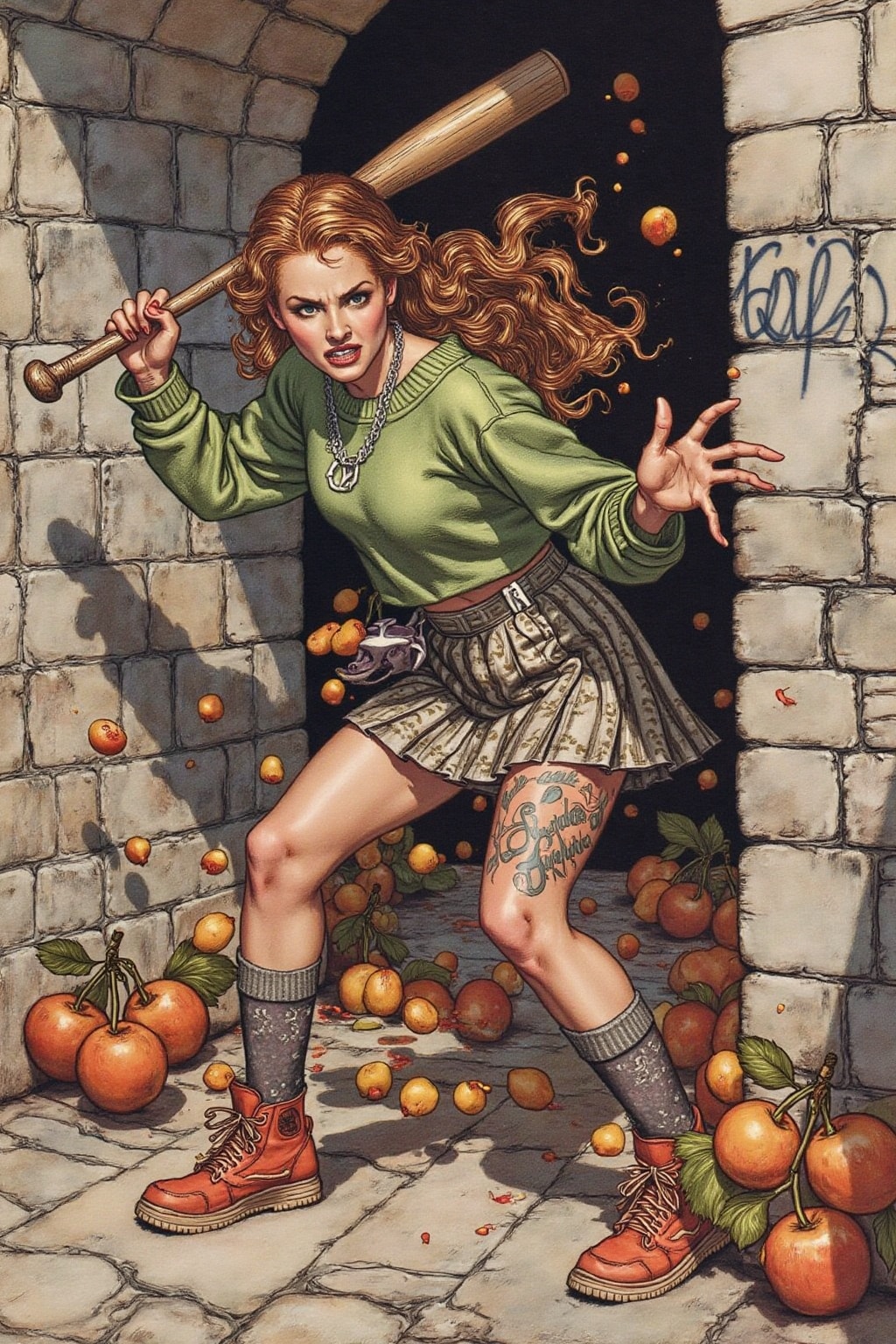 artrack1 illustration full body,  liquid splash,  cartoonish juicy fruits chaos on Tensor.Art