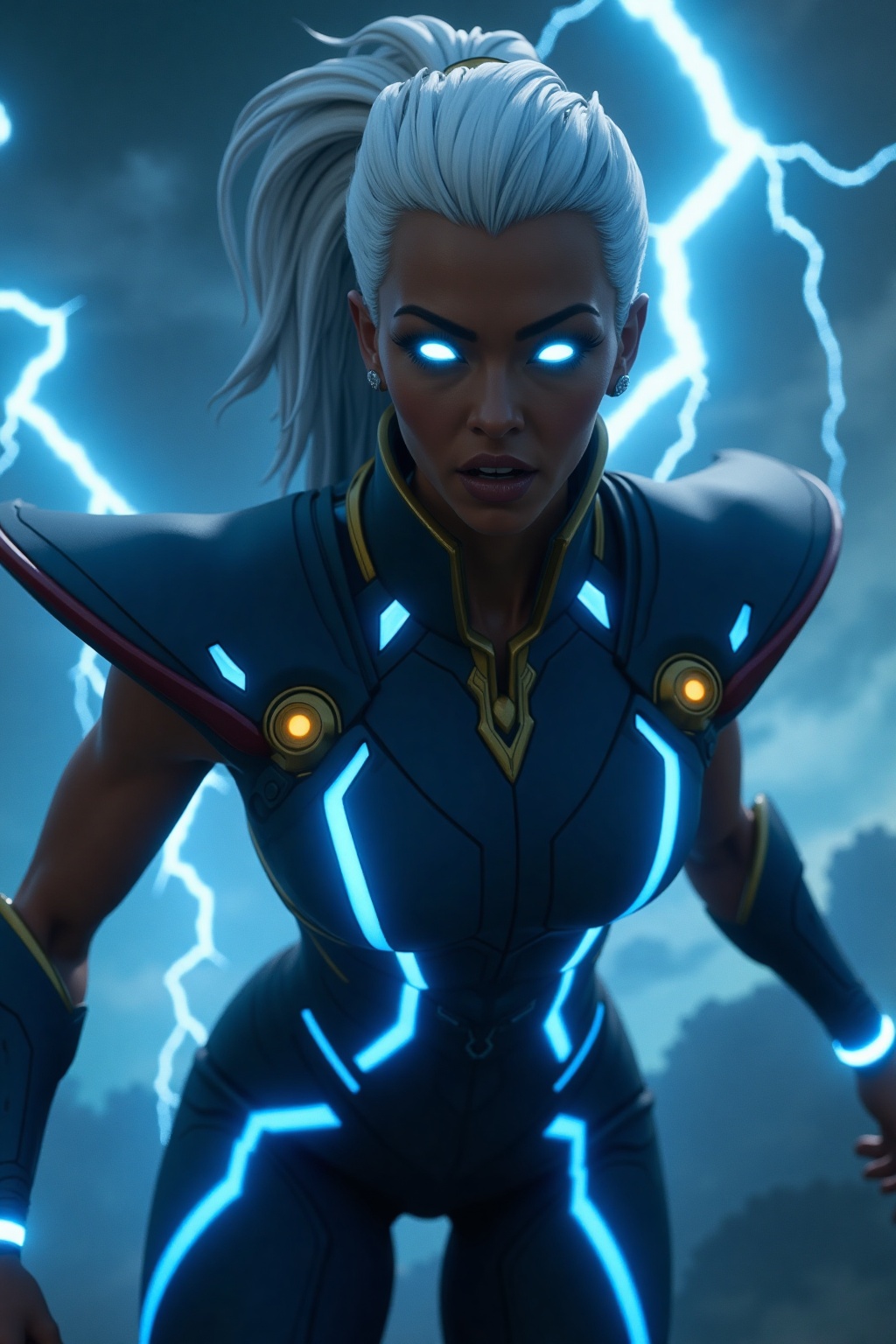 A cinematic action shot of a powerful Thunder Goddess,  captured with dynamic angles and dramatic lighting. The focus is o...