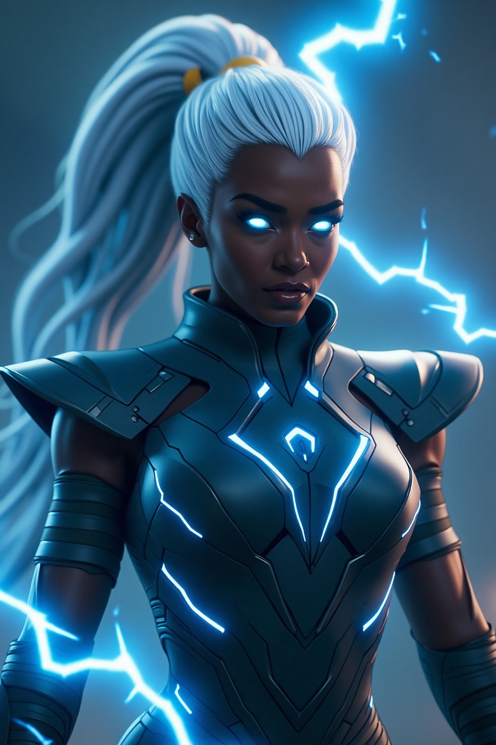 A cinematic action shot of a powerful Thunder Goddess,  captured with dynamic angles and dramatic lighting. The focus is o...