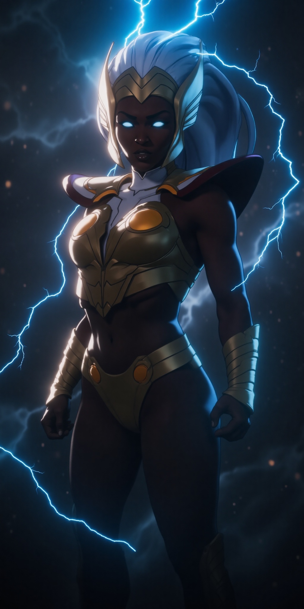 A photorealistic and cinematic portrayal of the Storm Goddess of Thunder,  inspired by Marvel aesthetics. She stands majes...