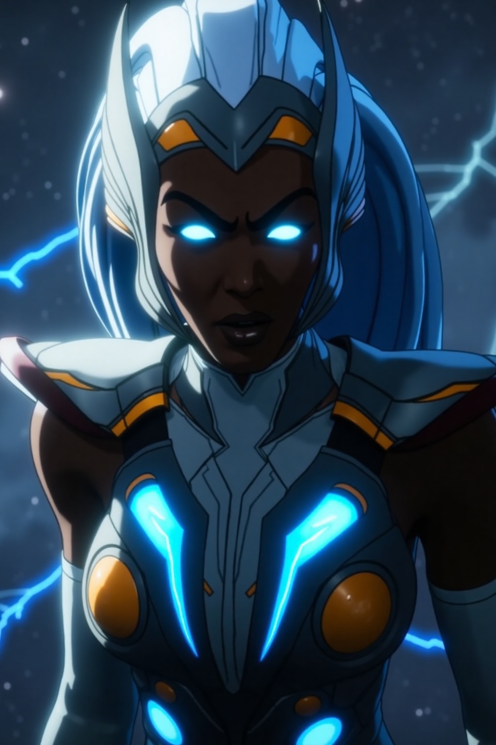 A cinematic action shot of a powerful Thunder Goddess,  captured with dynamic angles and dramatic lighting. The focus is o...