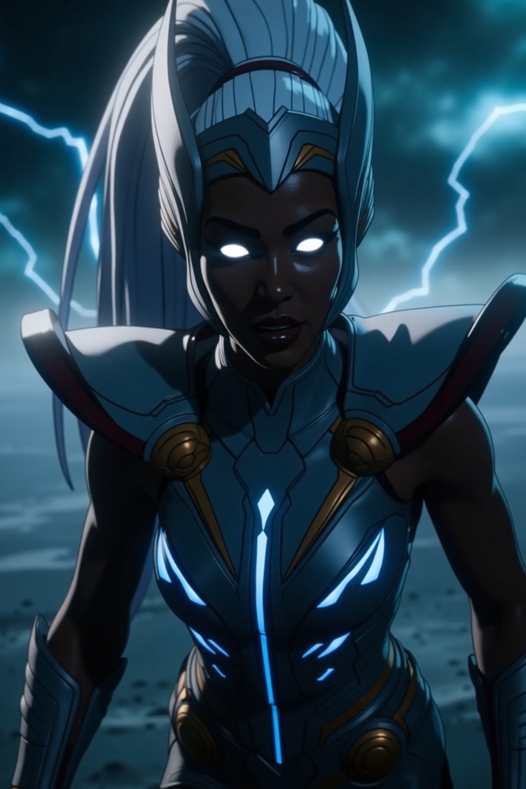 A cinematic action shot of a powerful Thunder Goddess,  captured with dynamic angles and dramatic lighting. The focus is o...