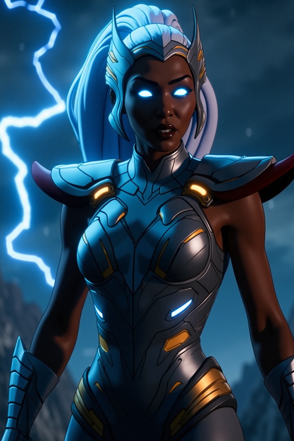 A cinematic action shot of a powerful Thunder Goddess,  captured with dynamic angles and dramatic lighting. The focus is o...