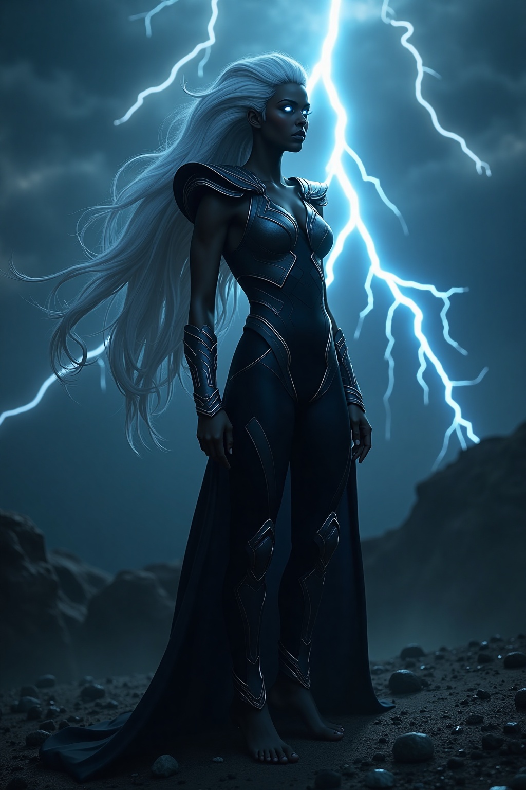 A cinematic portrayal of the Storm Goddess of Thunder,  inspired by Marvel aesthetics and Indian mythology. She stands tal...