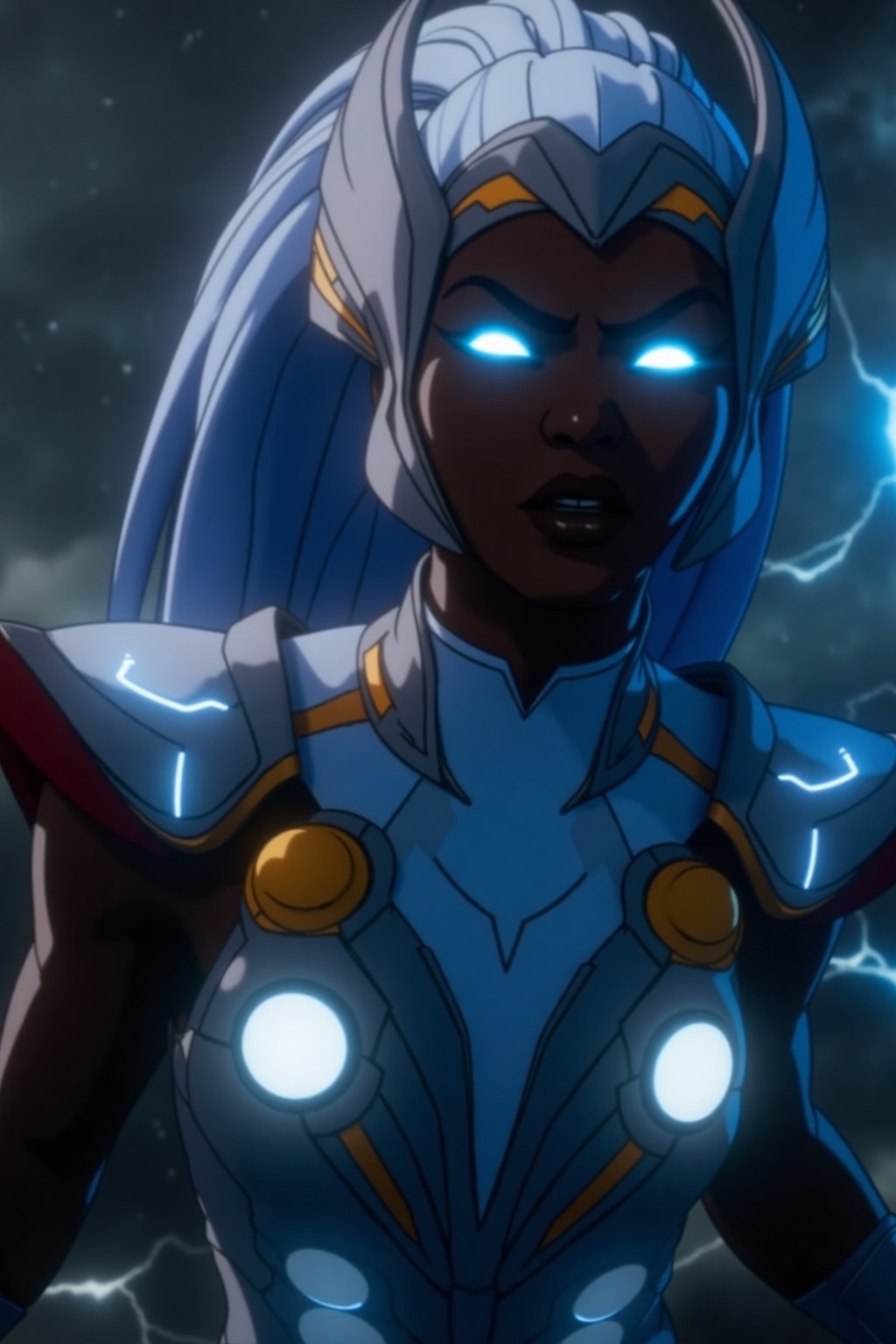 A cinematic action shot of a powerful Thunder Goddess,  captured with dynamic angles and dramatic lighting. The focus is o...