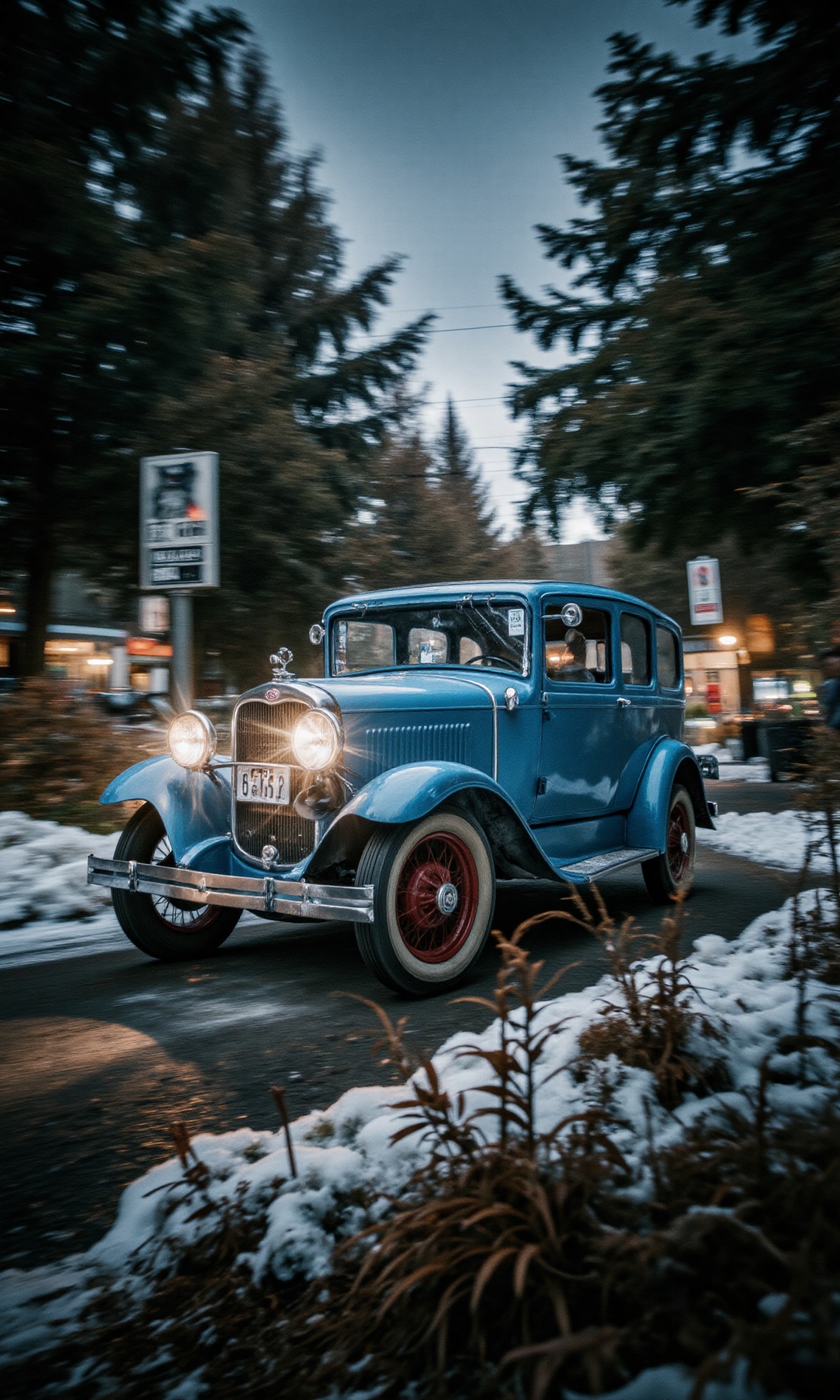 A cinematic masterpiece unfolds: a 1932 Ford Tudor Sedan hurtles through a winter wonderland,  its vintage fins and chrome...