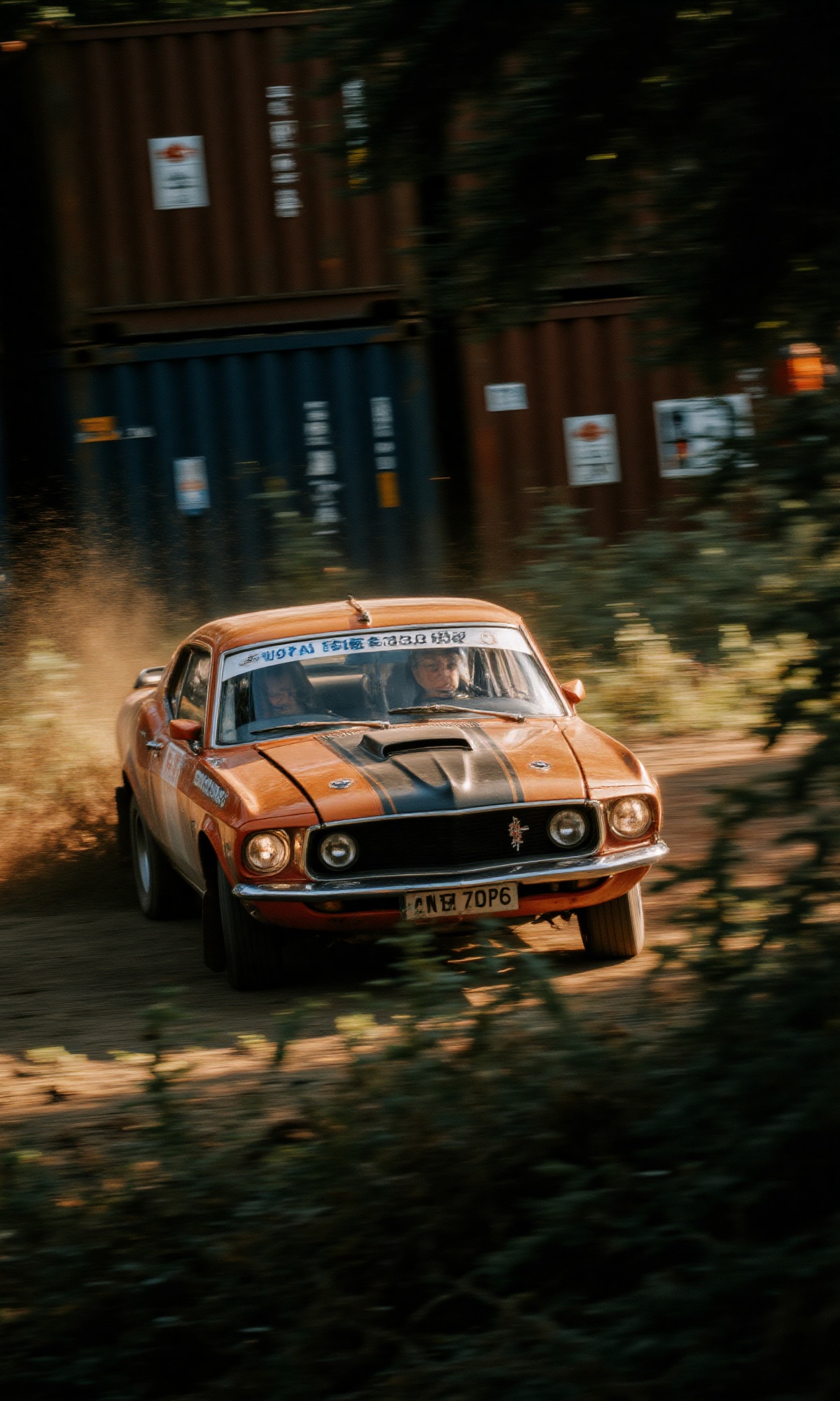 panning soft focus of a gritty scene unfolds in sunny day: 1970 Ford Mustang Cobra 428 Mach 1 - Orange lit by a flashlight...