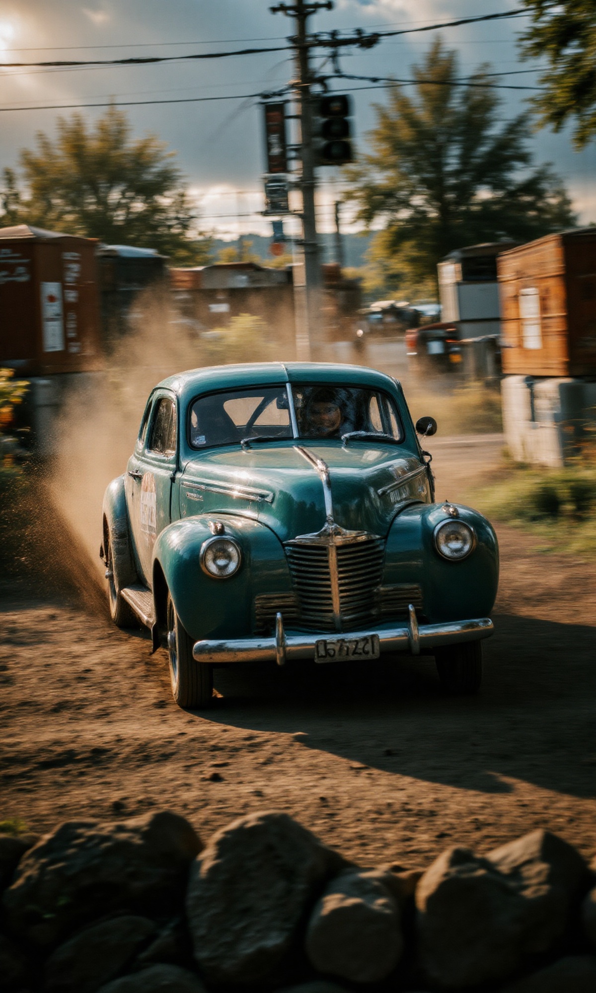 panning soft focus of a gritty scene unfolds in sunny day: 1939 Chevrolet Coupe - Green lit by a flashlight. with reflecti...