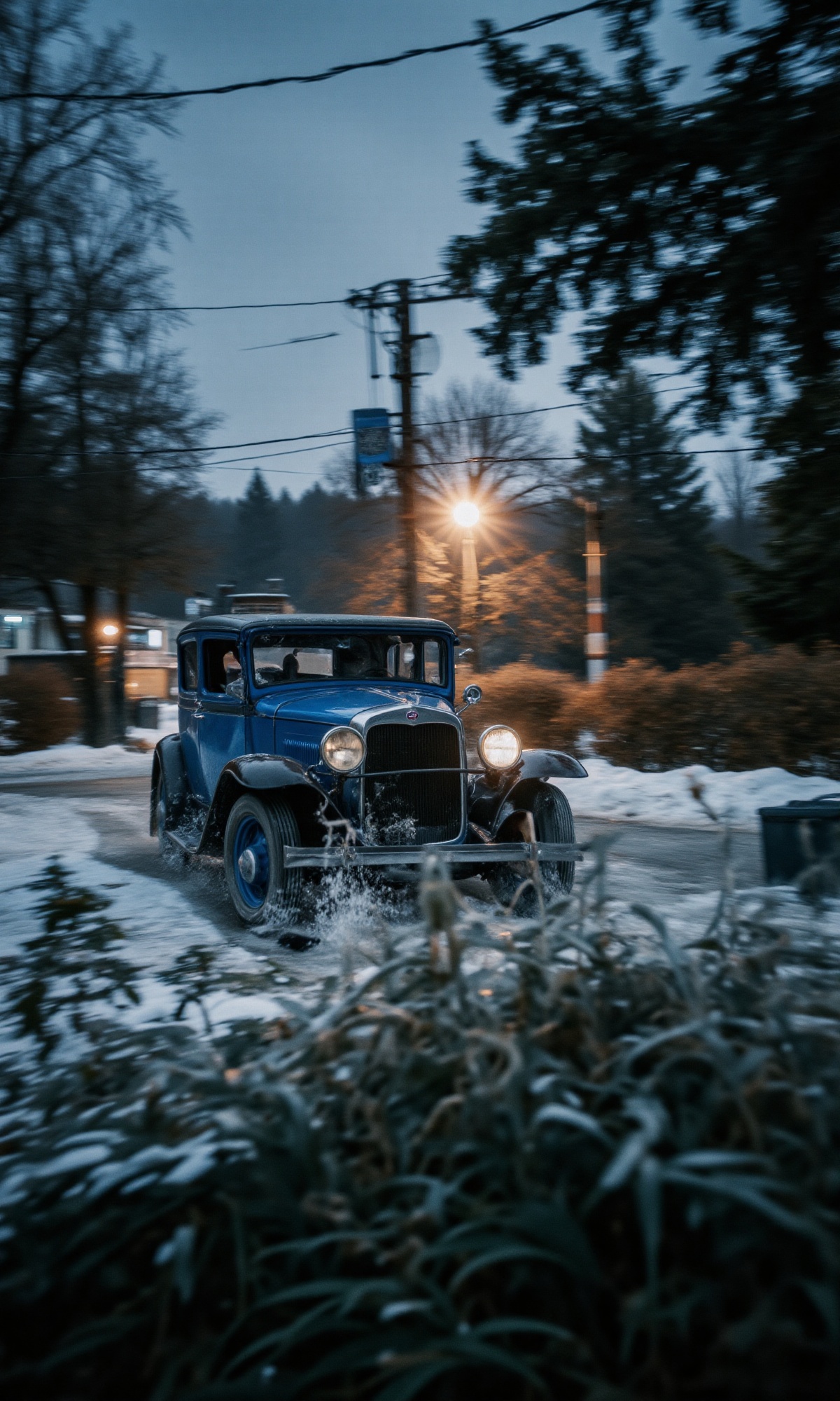 A sweeping shot of a 1932 Ford Tudor Sedan emerges from the foggy winter landscape: soft focus and panning blur reveal the...