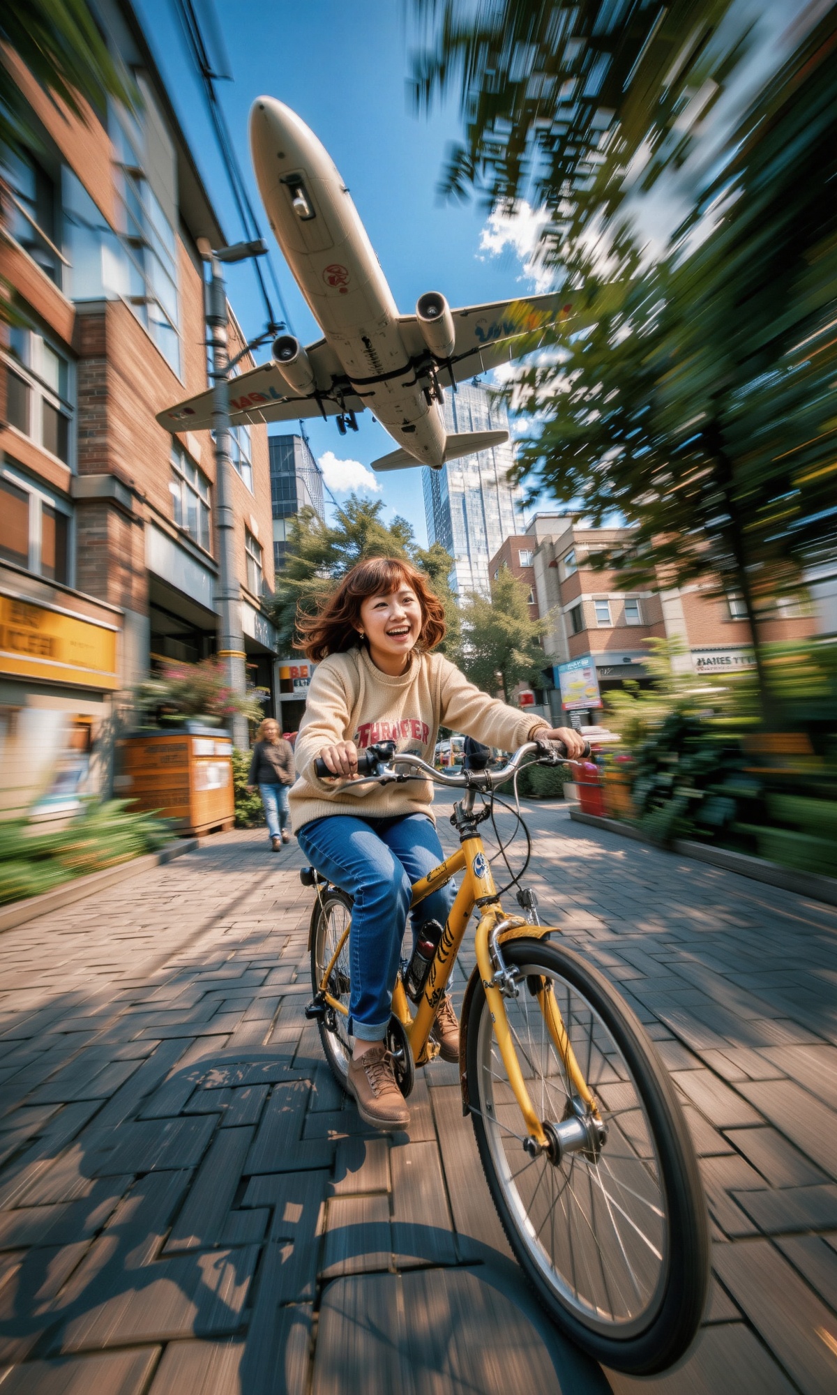A dynamic low-angle shot captures an anime girl's ecstatic smile as she rides a bright yellow bicycle at breakneck speed t...