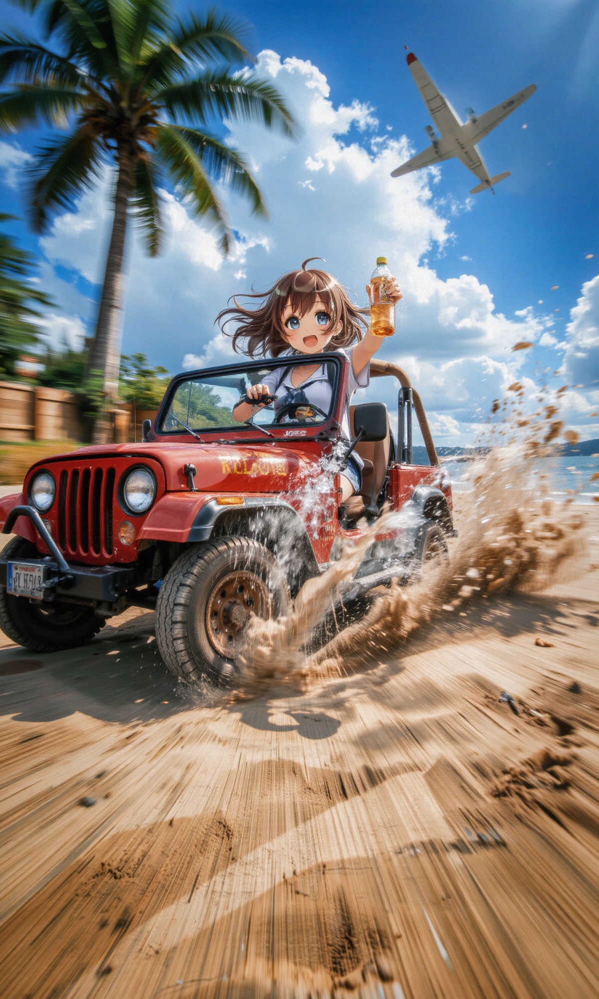 Dynamic shot from low angle: an anime girl thrills on the sandy beach,  riding a bright red jeep at high speed. Above her,...