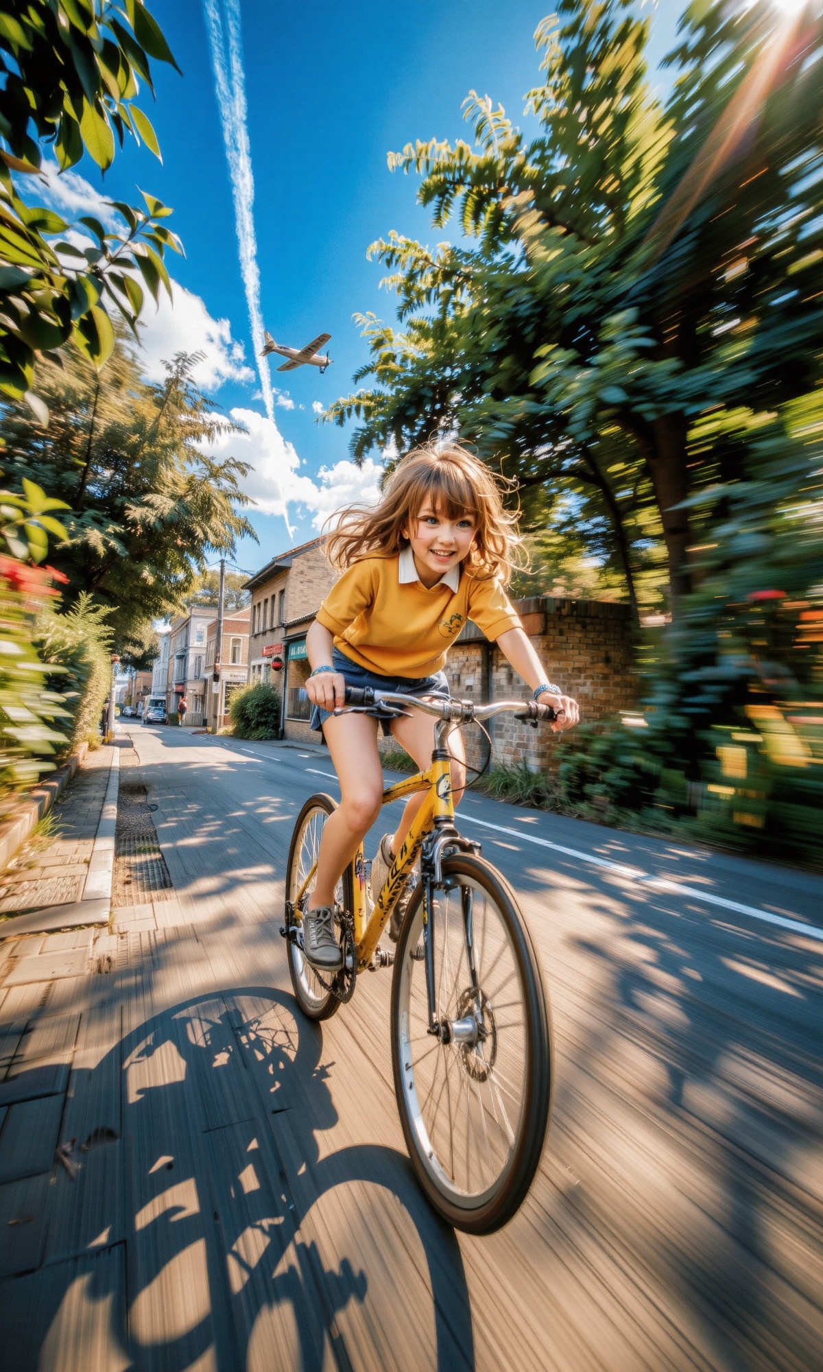 A dynamic scene unfolds: a bright-eyed anime girl zooms along a winding town street on a sunny yellow bicycle,  low-angle...