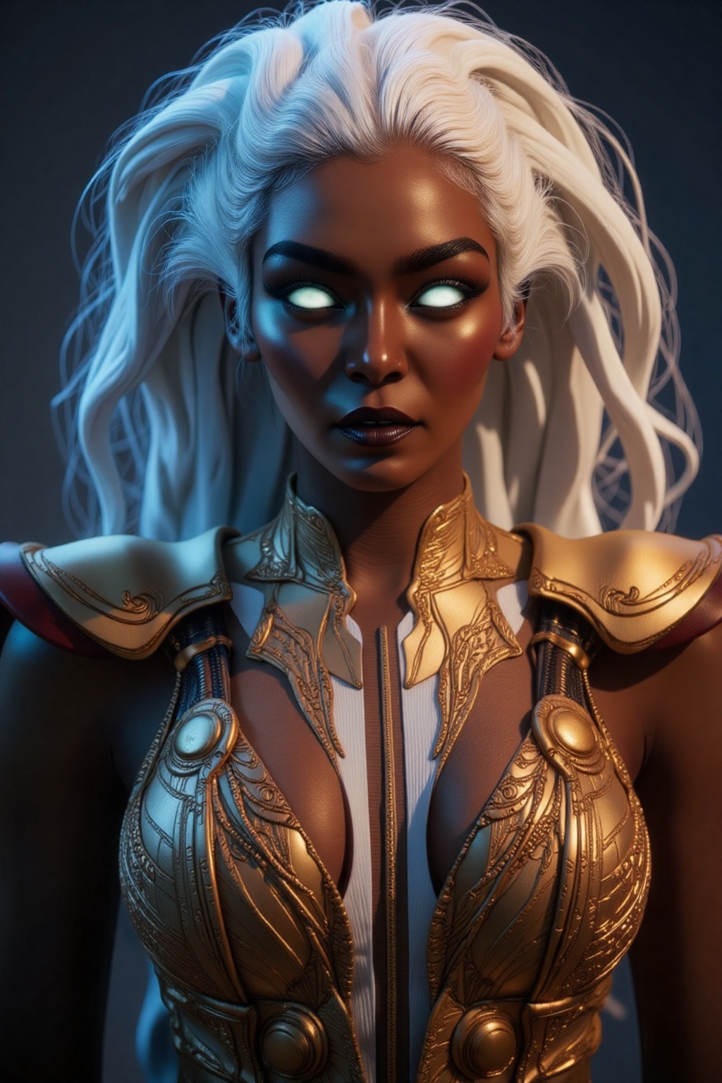 Before you stands an ethereal genie,  her form radiating with otherworldly beauty and power. Her smooth,  bronzed skin glo...
