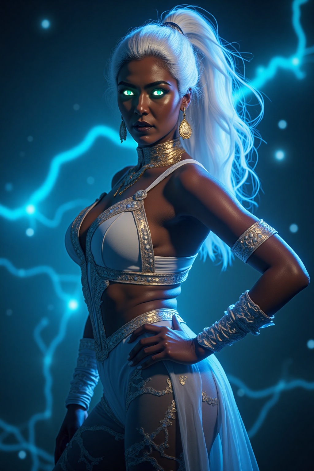 Before you stands an ethereal genie,  her form radiating with otherworldly beauty and power. Her smooth,  bronzed skin glo...