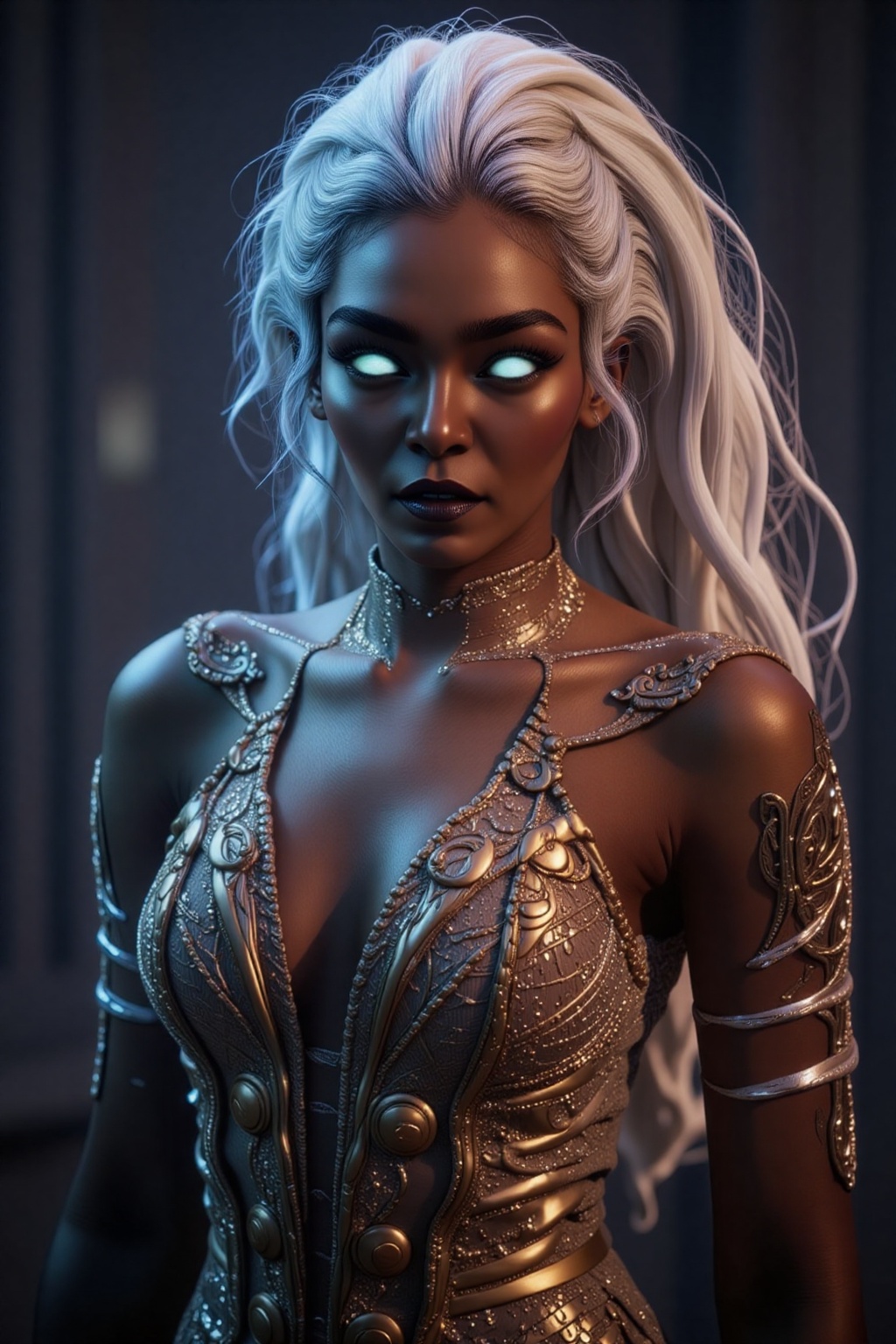Before you stands an ethereal genie,  her form radiating with otherworldly beauty and power. Her smooth,  bronzed skin glo...