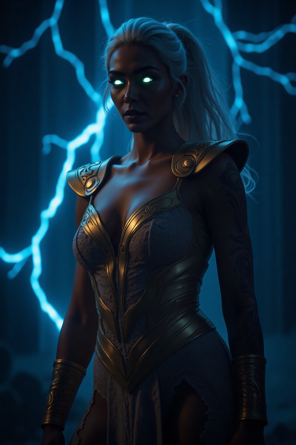 Before you stands an ethereal genie,  her form radiating with otherworldly beauty and power. Her smooth,  bronzed skin glo...
