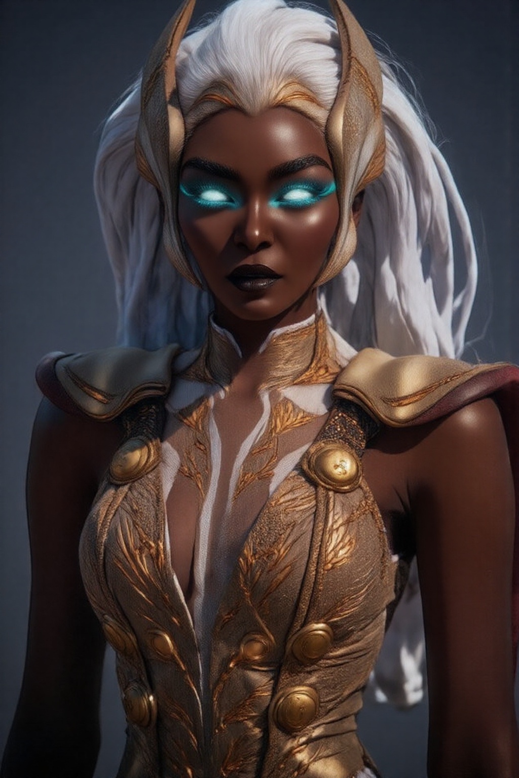 Before you stands an ethereal genie,  her form radiating with otherworldly beauty and power. Her smooth,  bronzed skin glo...