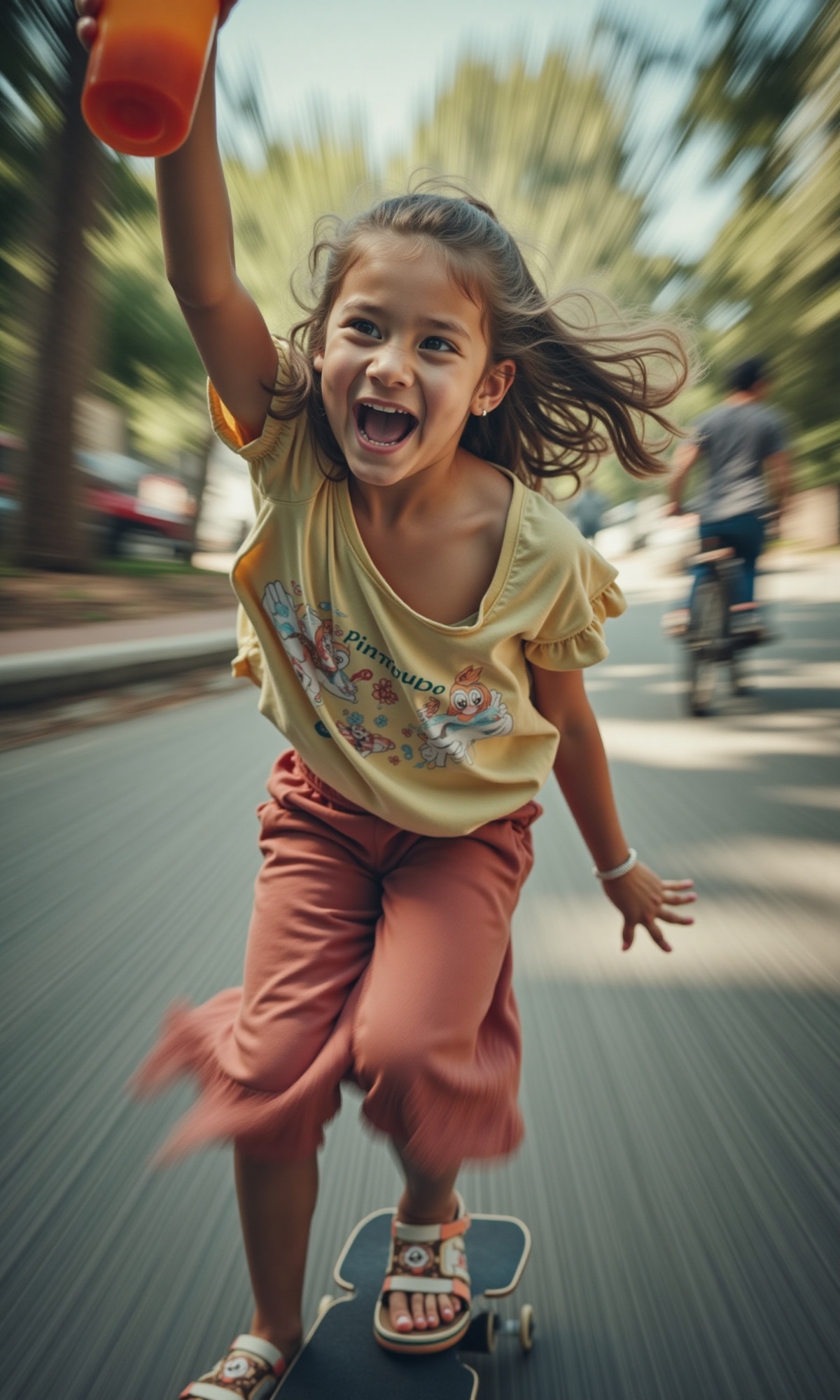 Close-up shot of a girl,  dynamic and vibrant,  riding her skateboard at breakneck speed. Her joyful expression is infecti...