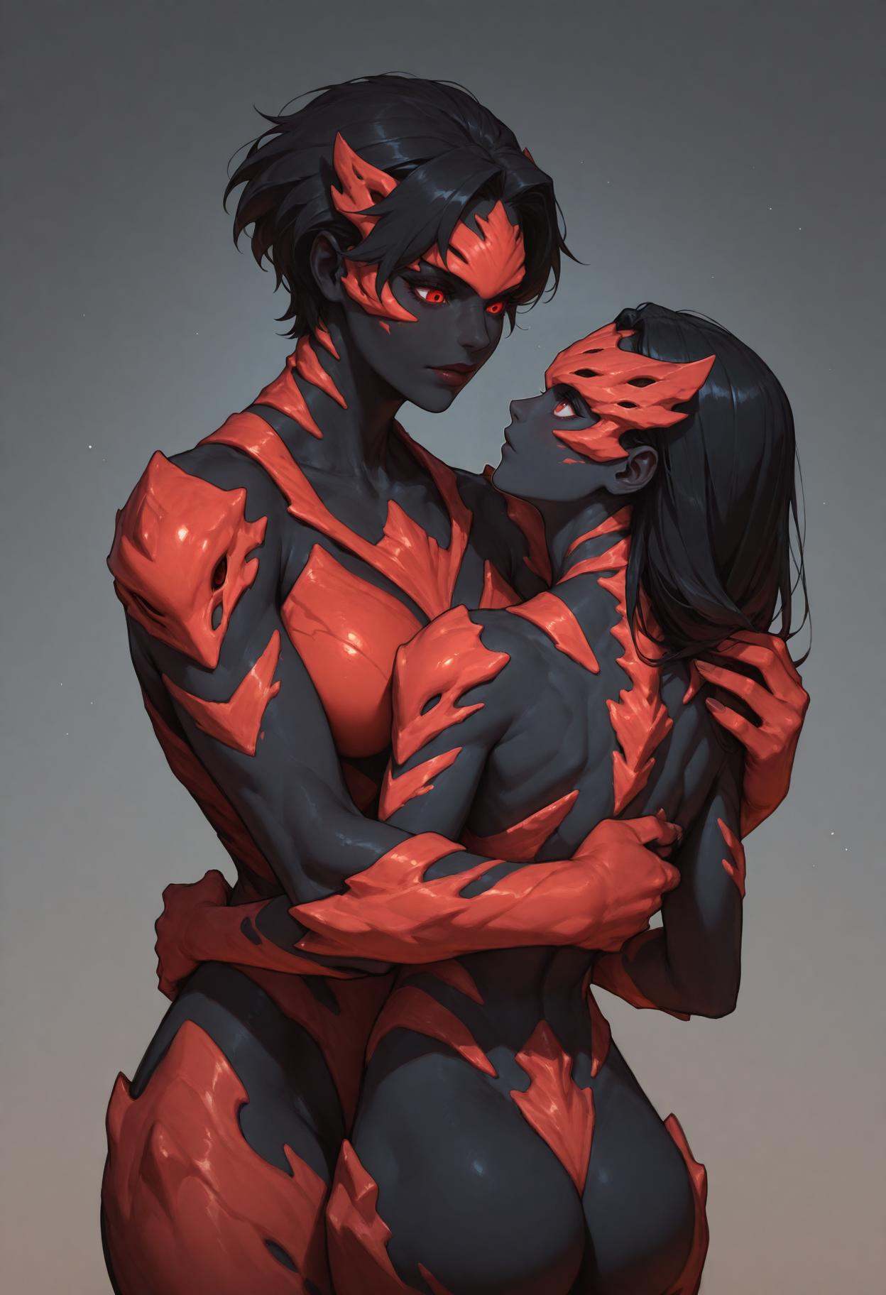2 girls holding each other,  black hair,  red eyes on Tensor.Art